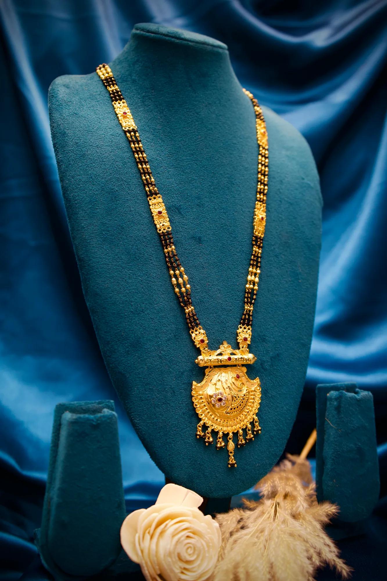 Traditional Black Bead Long Mangalsutra Haram with Antique Pendant