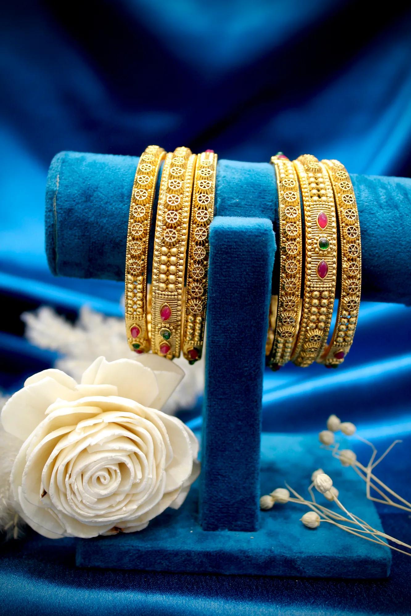 Ruby & Emerald Antique Gold Traditional Bangles Set