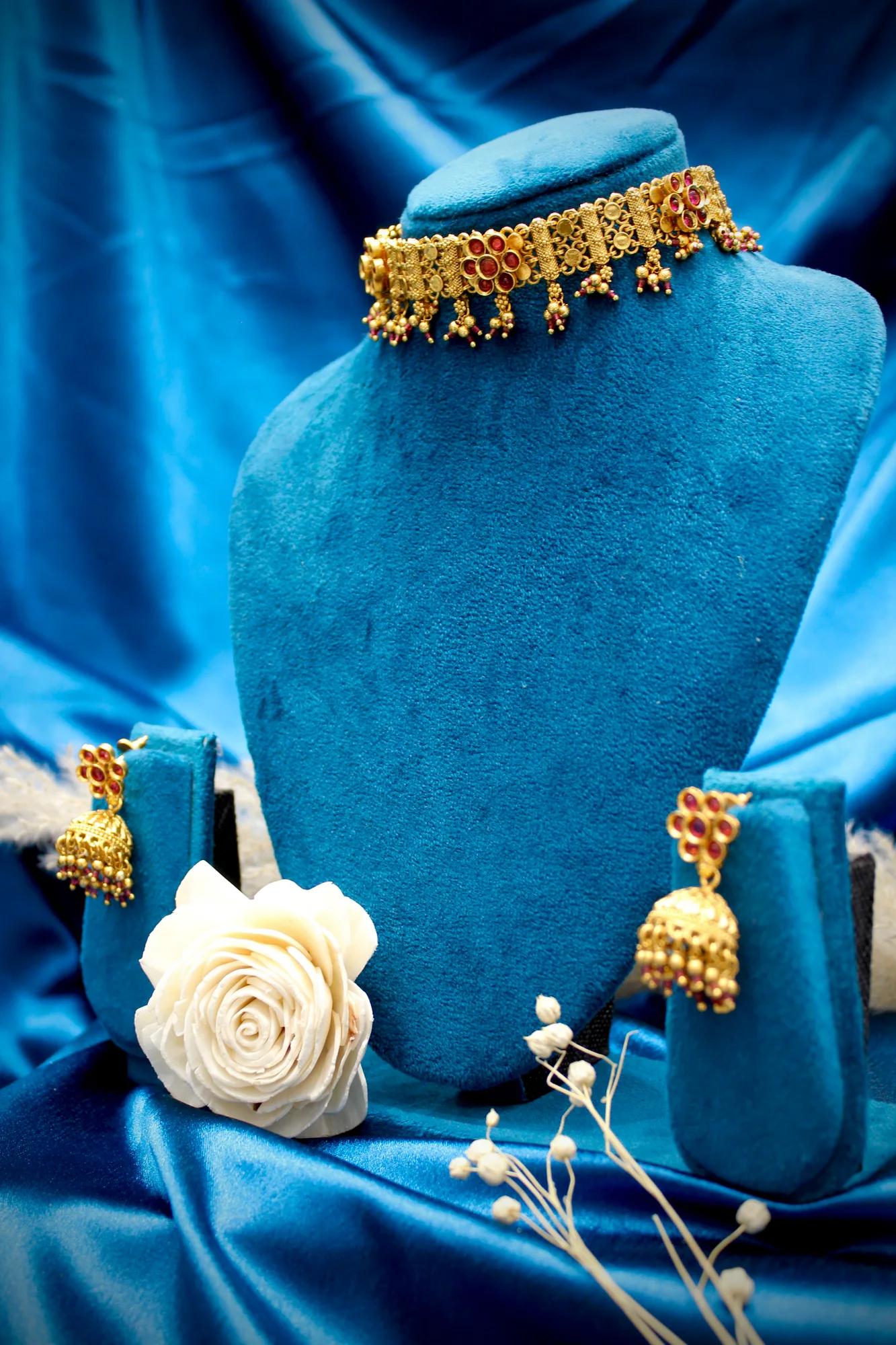 Antique Floral Choker Set with Ruby-Tone Stones
