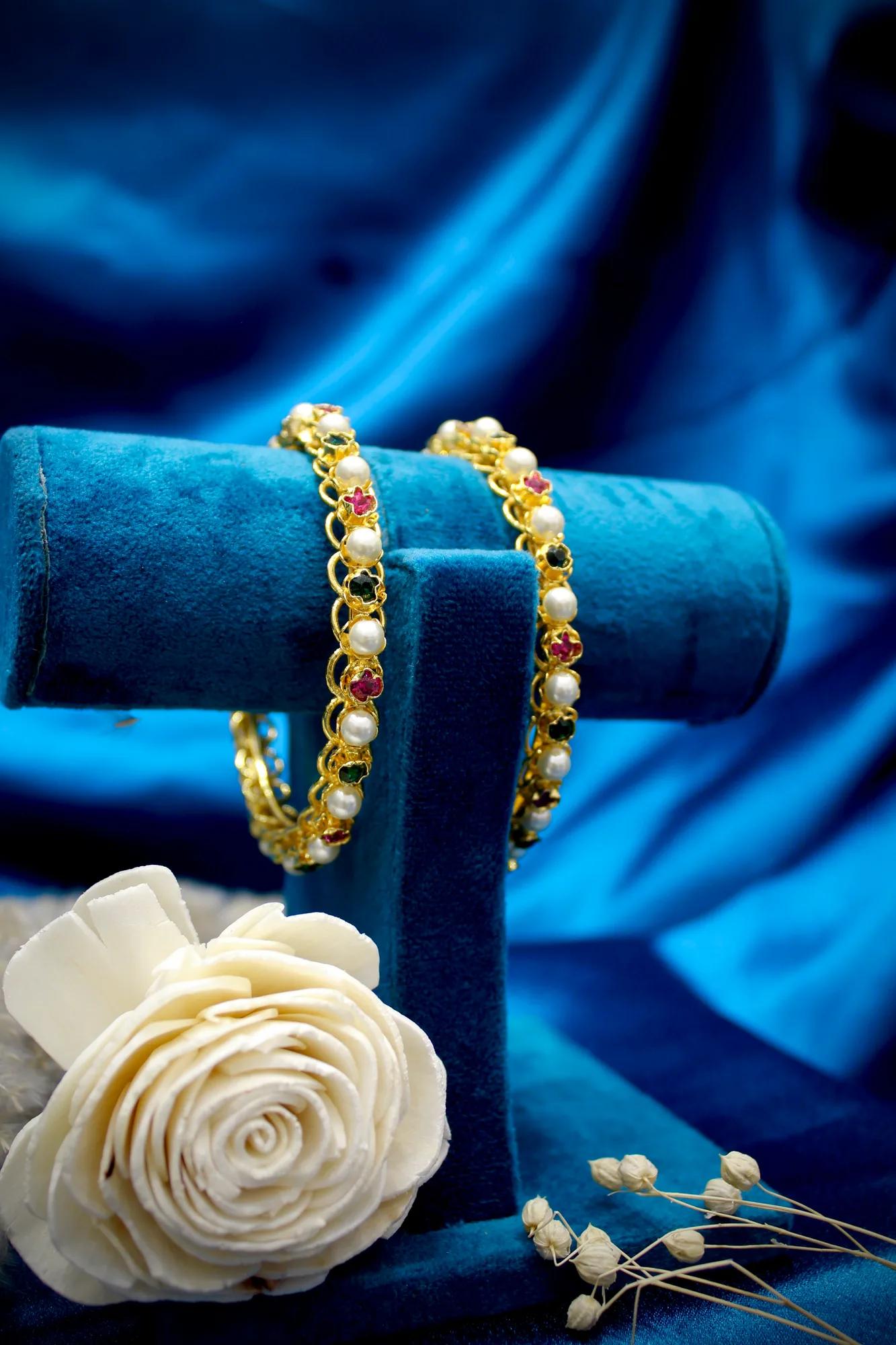 Elegant Pearl & Multicolor Stone Gold Finish Bangles (Set of 2)