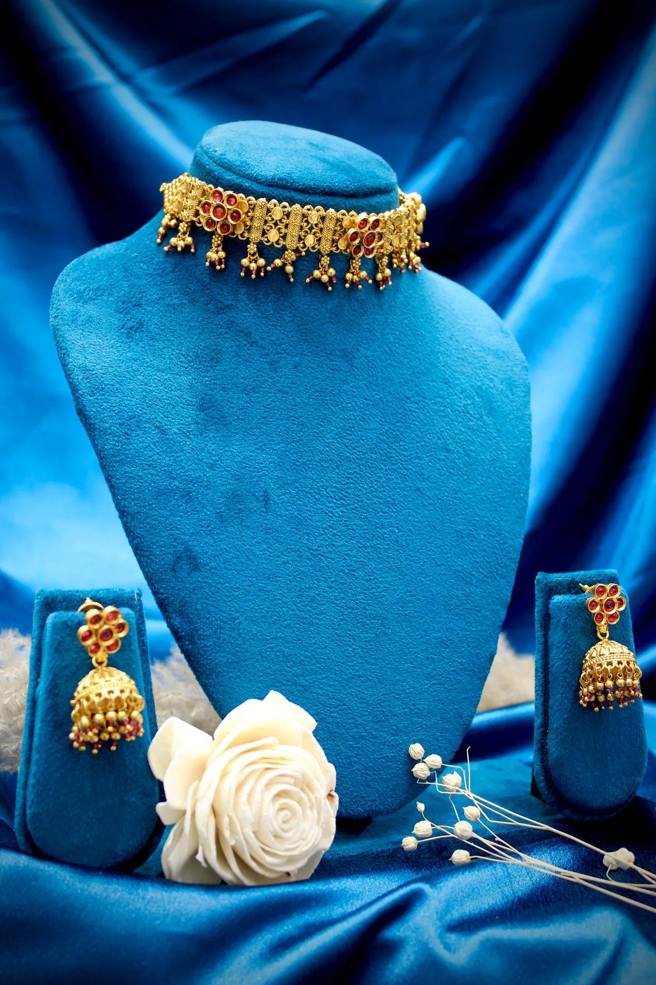 Antique Floral Choker Set with Ruby-Tone Stones