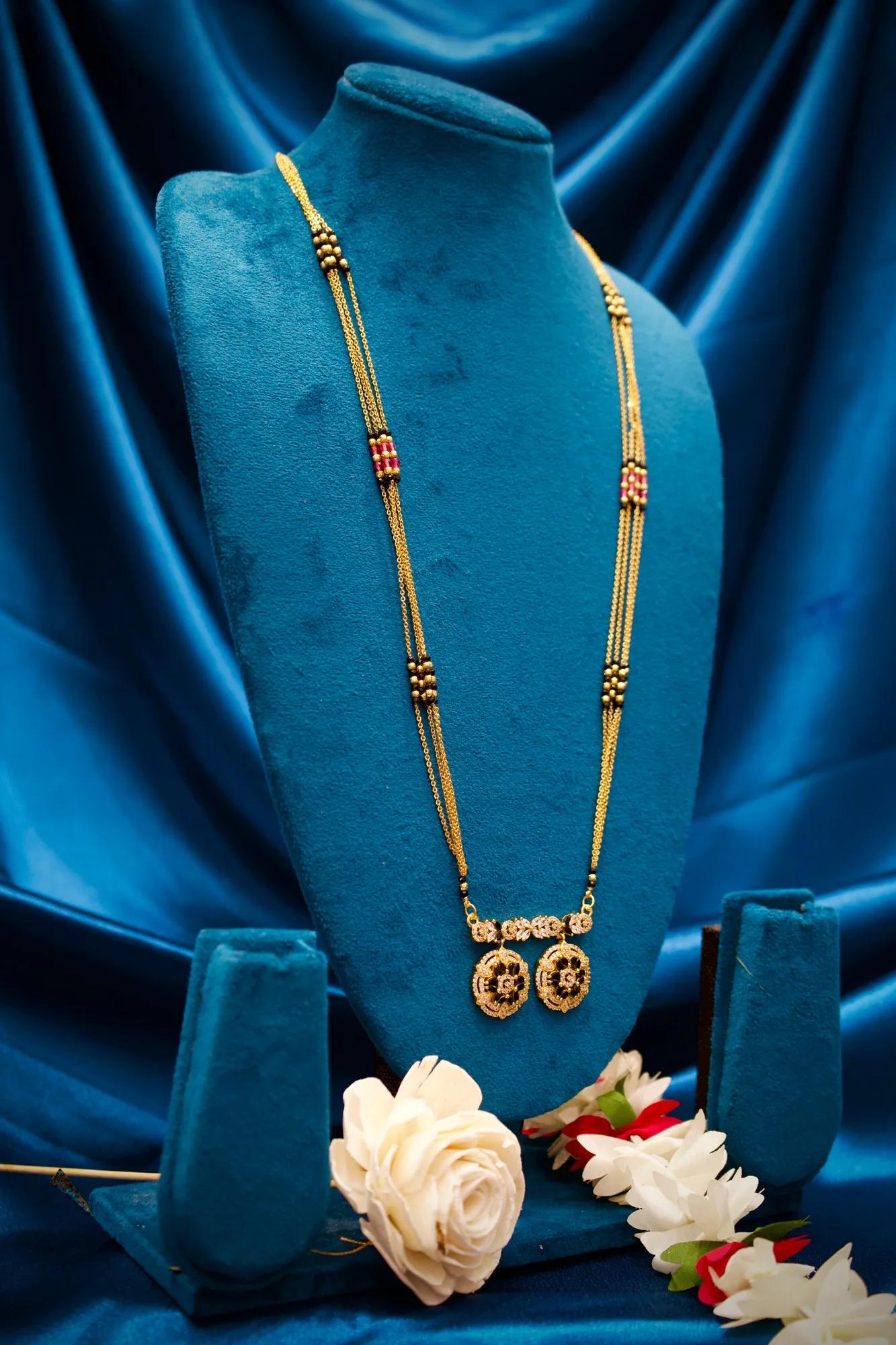 Designer Black Bead Mangalsutra with Dual Floral Charm Pendant