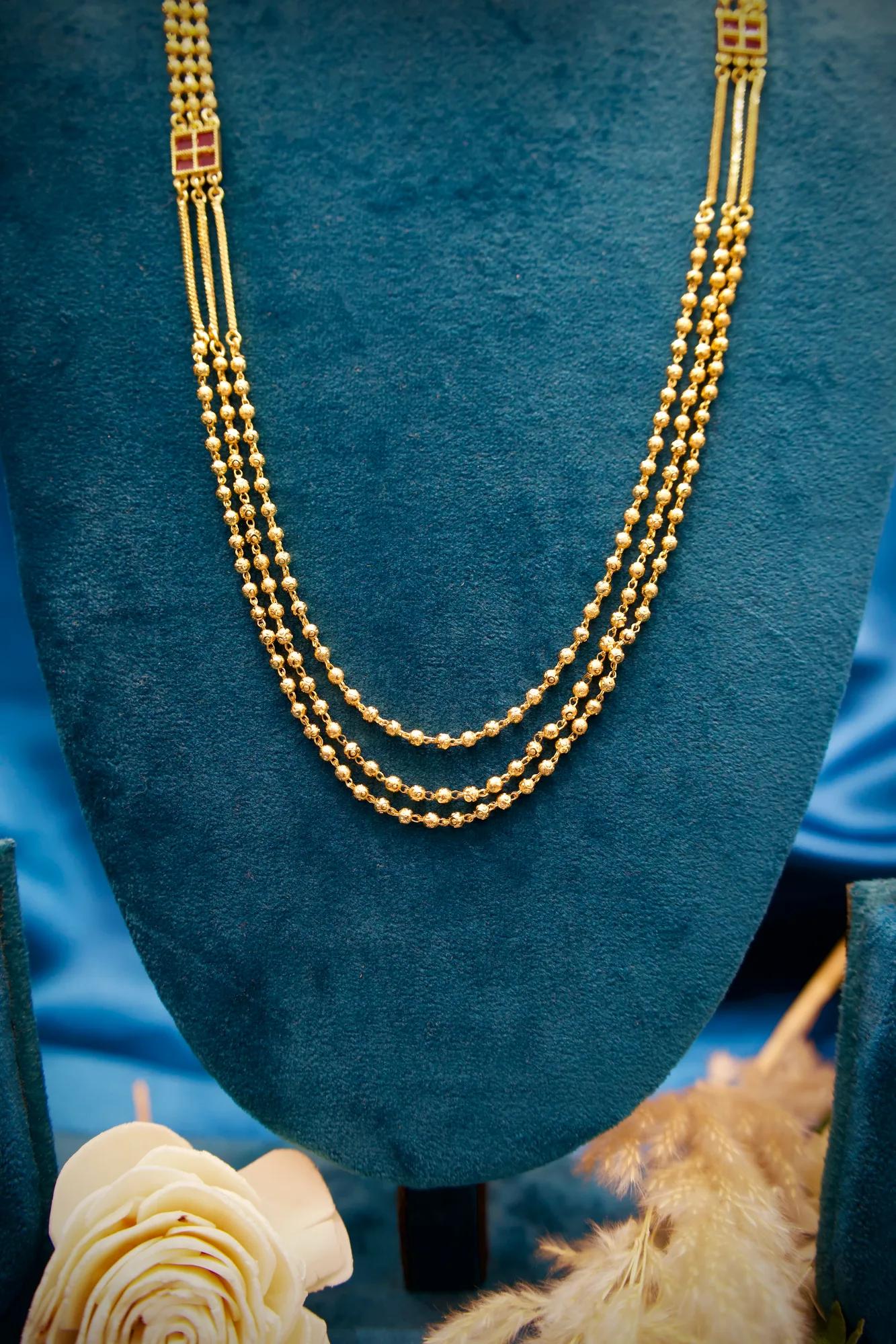 Elegant Triple-Layer Gold Bead Long Necklace Set