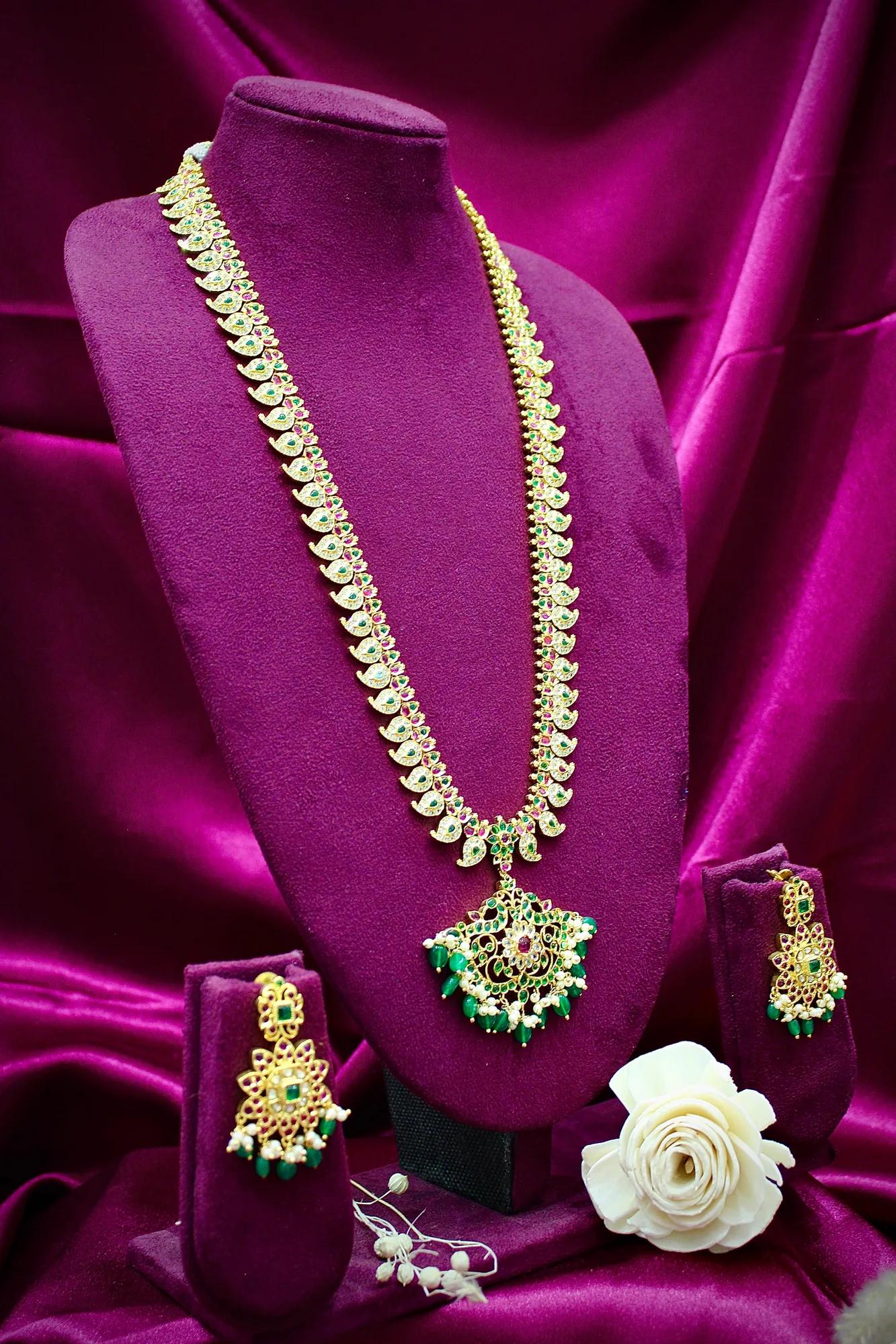 Grand Temple-Inspired Long Haram Necklace Set with Green Beads