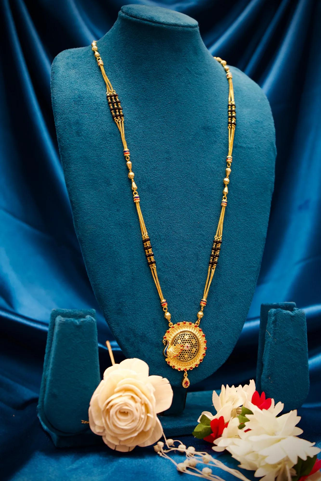 Peacock Motif Round Pendant Gold-Tone Mangalsutra Necklace
