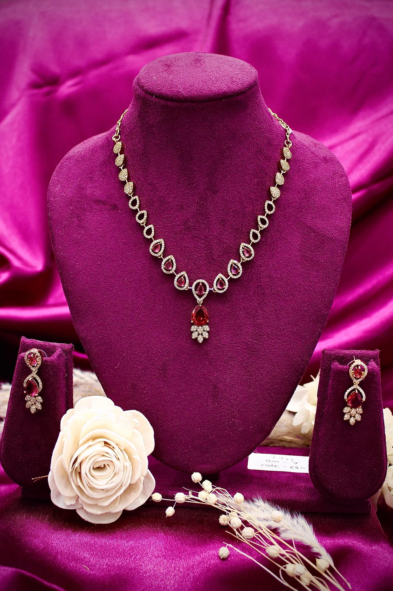 Ruby Teardrop Designer Necklace Set with CZ Stones