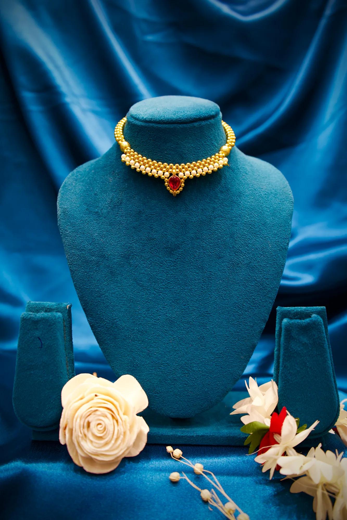Ruby Teardrop Pearl Beaded Adjustable Choker Necklace