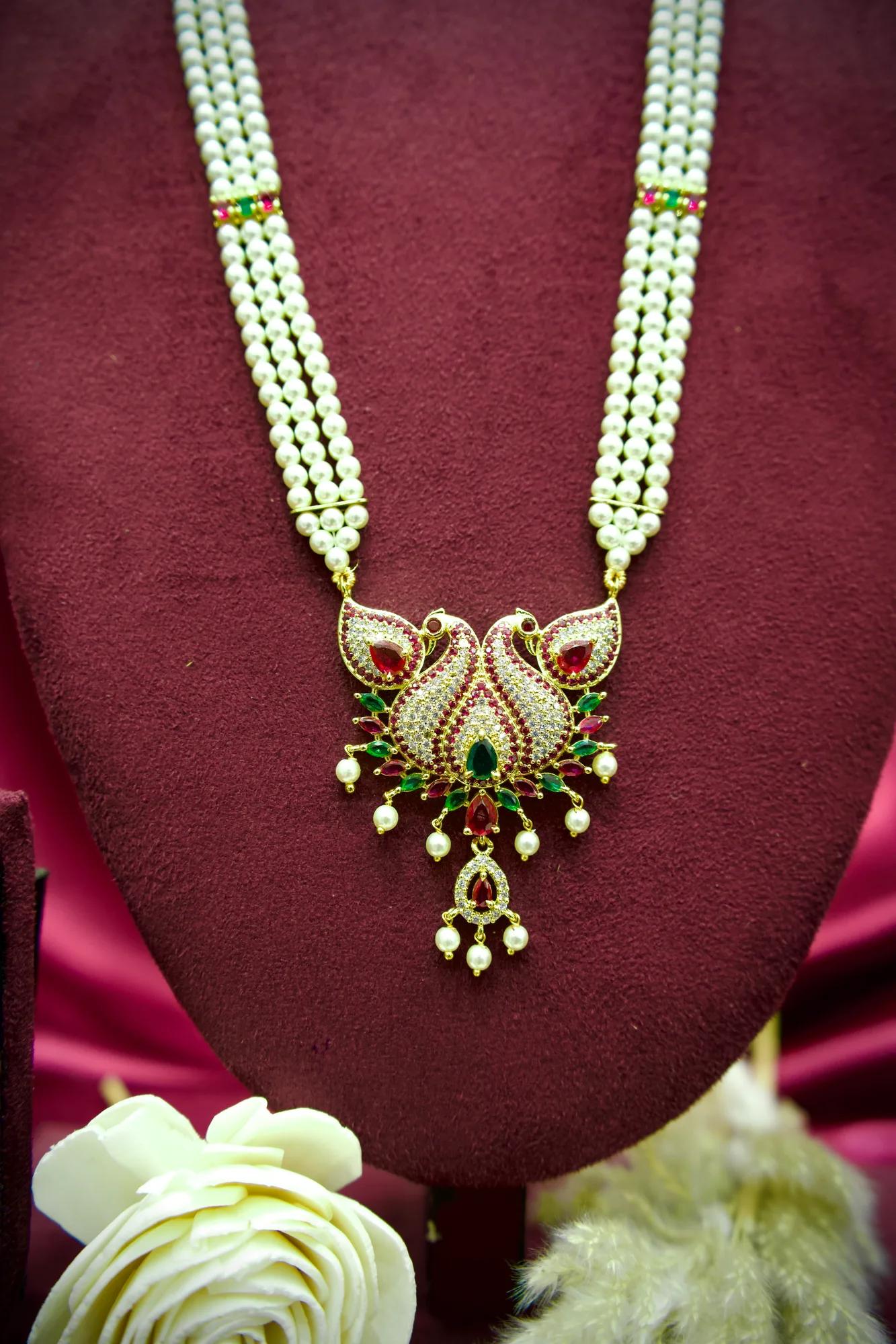 Royal Twin Peacock Pearl Necklace Set with Ruby & Emerald Accents