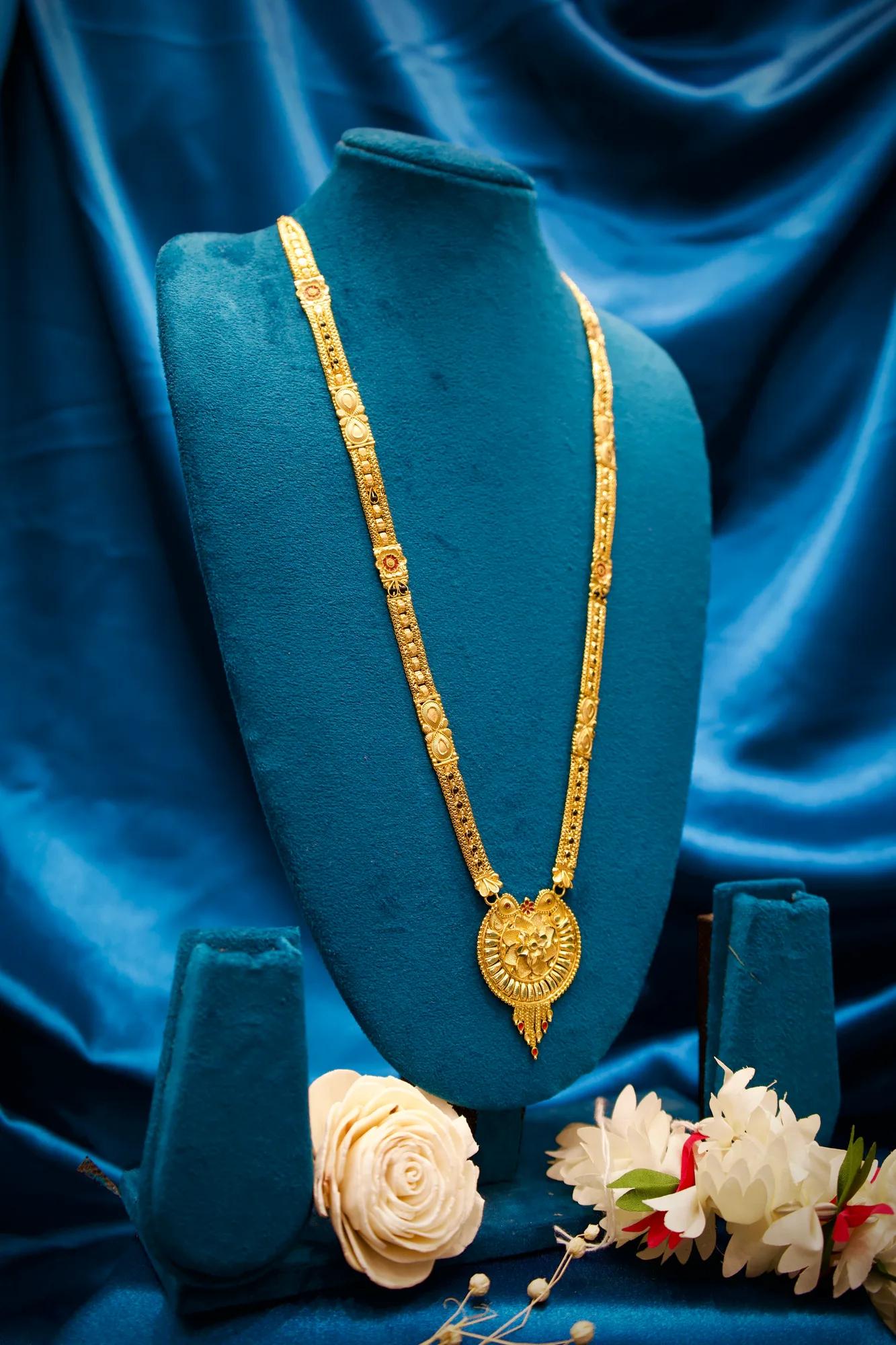 Traditional Antique Gold Long Haram Mangalsutra with Floral Medallion Pendant