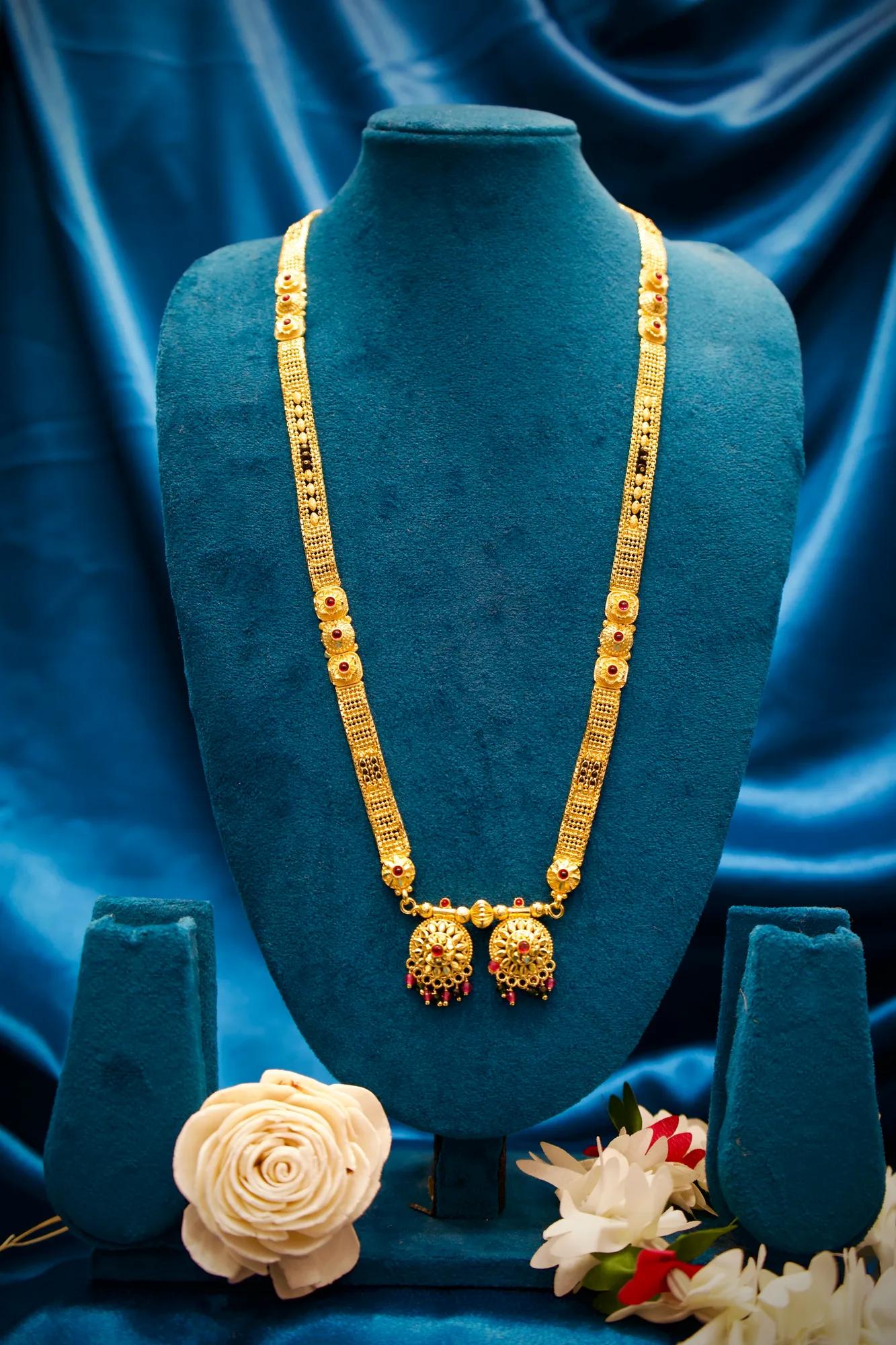 Traditional Antique Gold Tone Long Haram Mangalsutra with Ruby Stone Accents