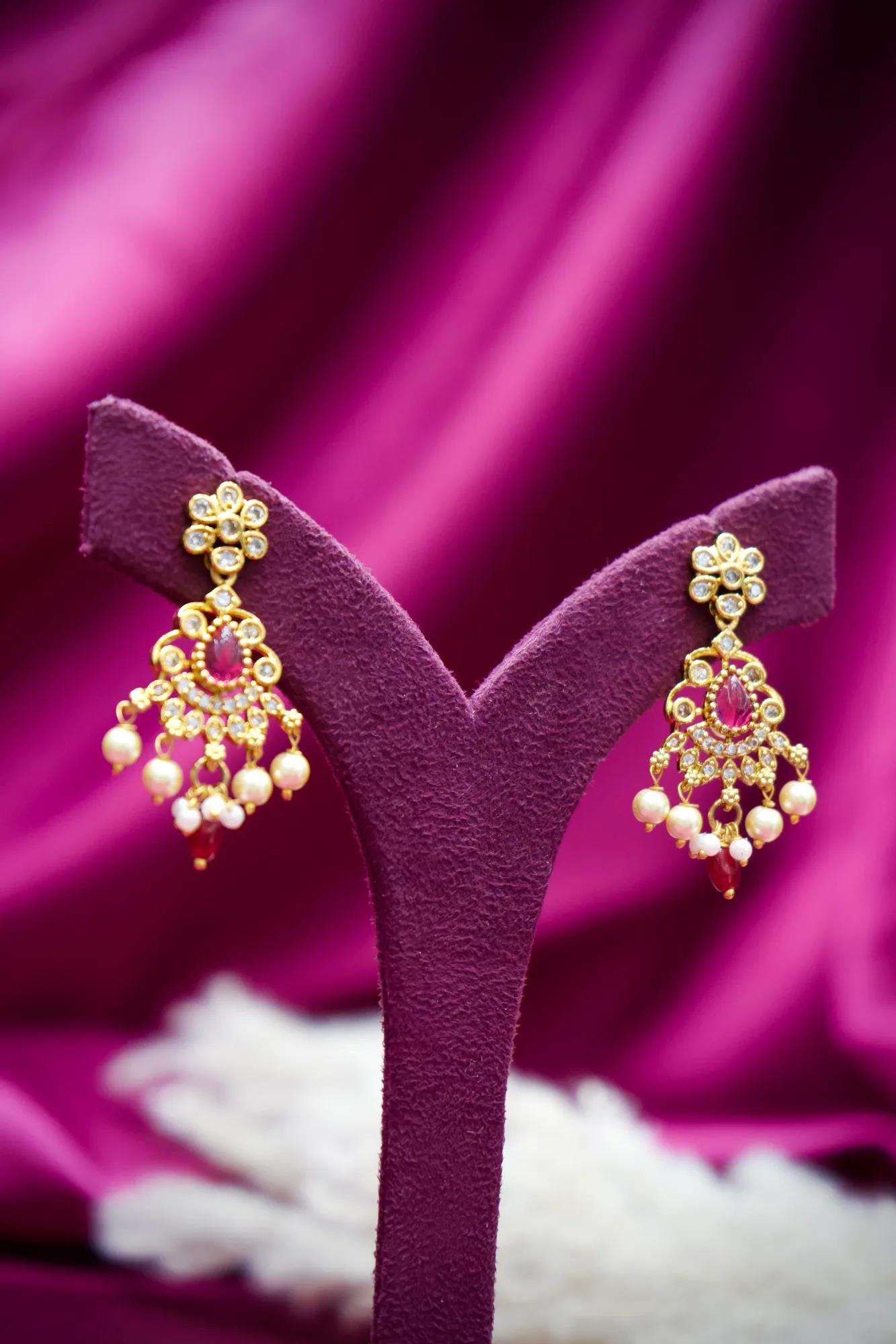 Pink Stone Pearl Chandbali Drop Earrings — Image 2