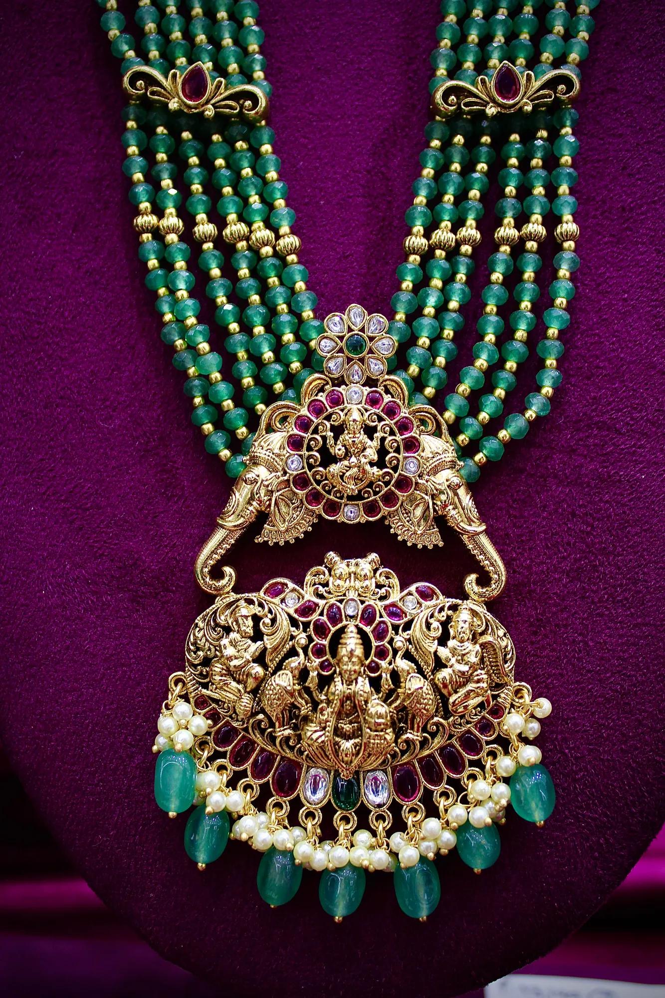Royal Temple Green Beaded Long Haram Necklace Set with Jhumka Earrings