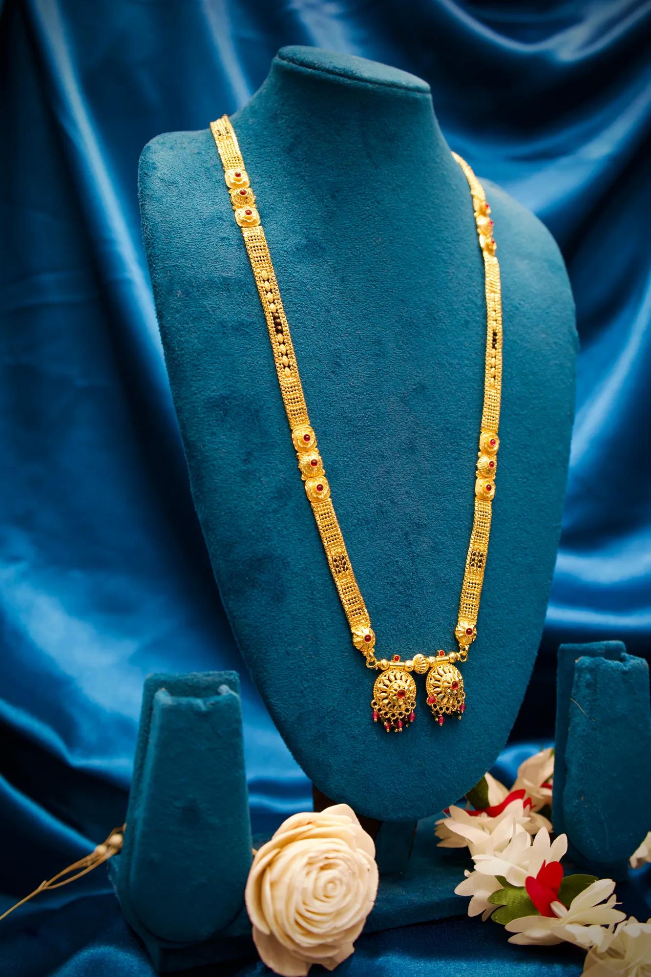 Traditional Antique Gold Tone Long Haram Mangalsutra with Ruby Stone Accents