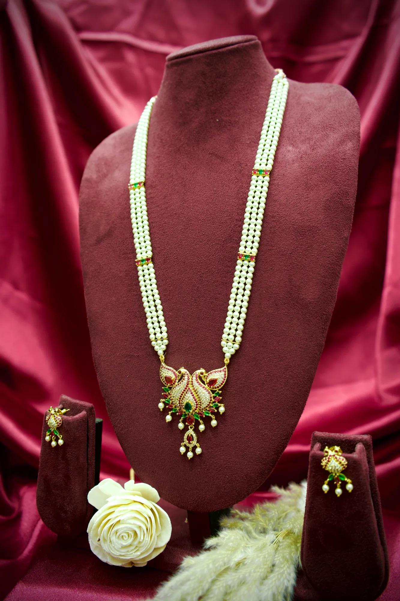 Royal Twin Peacock Pearl Necklace Set with Ruby & Emerald Accents