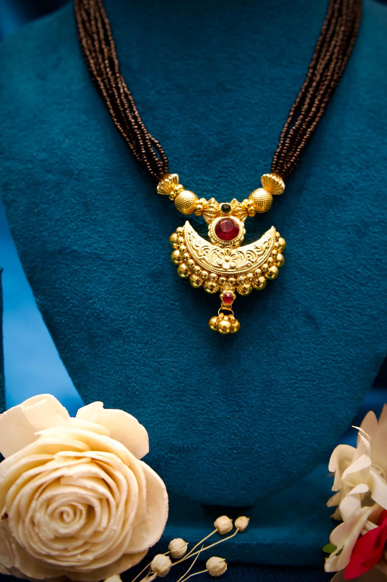 Traditional Black Bead Mangalsutra Necklace with Crescent Pendant