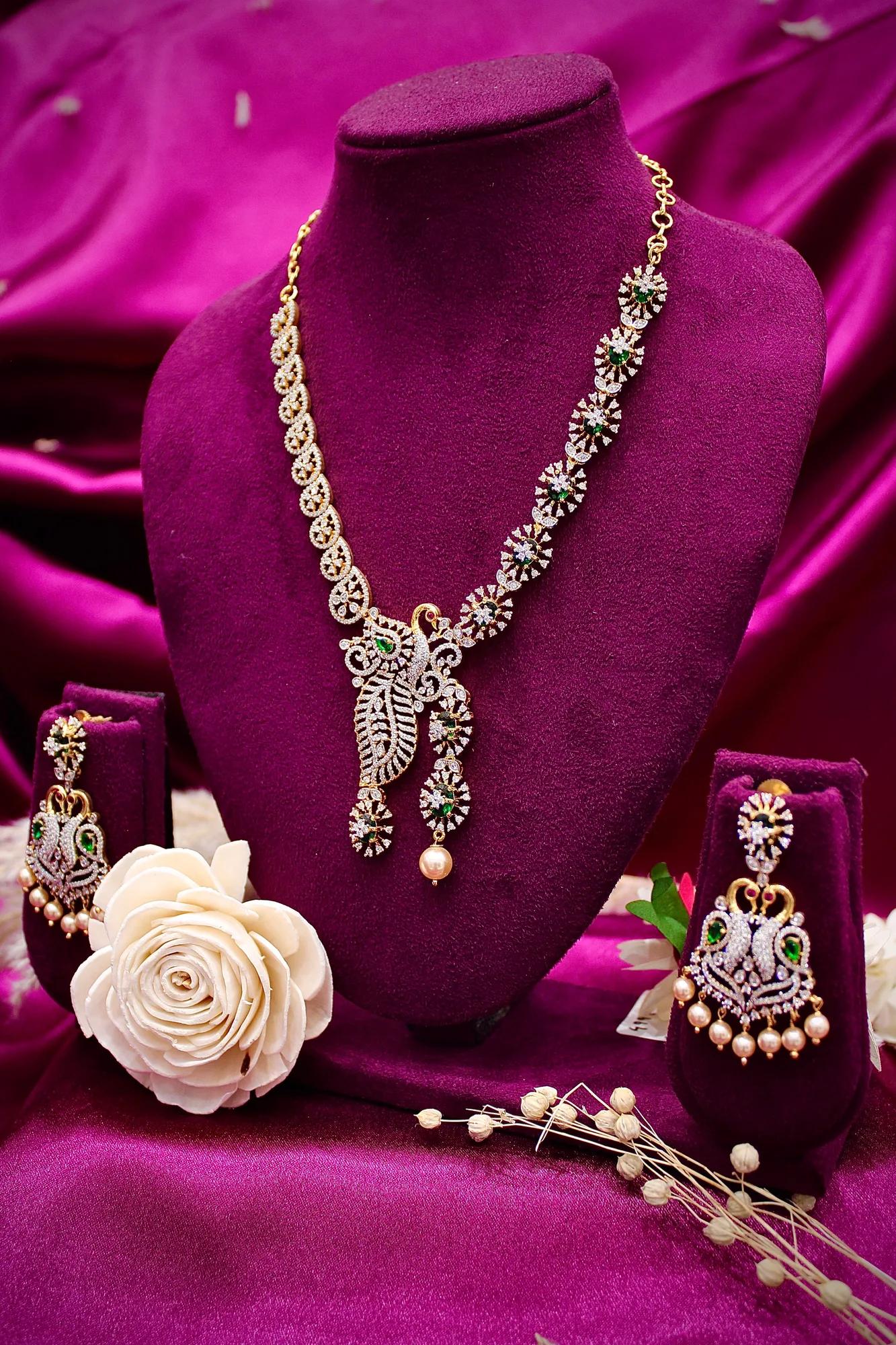 Emerald Peacock Designer Necklace Set with CZ Stones & Pearl Drops