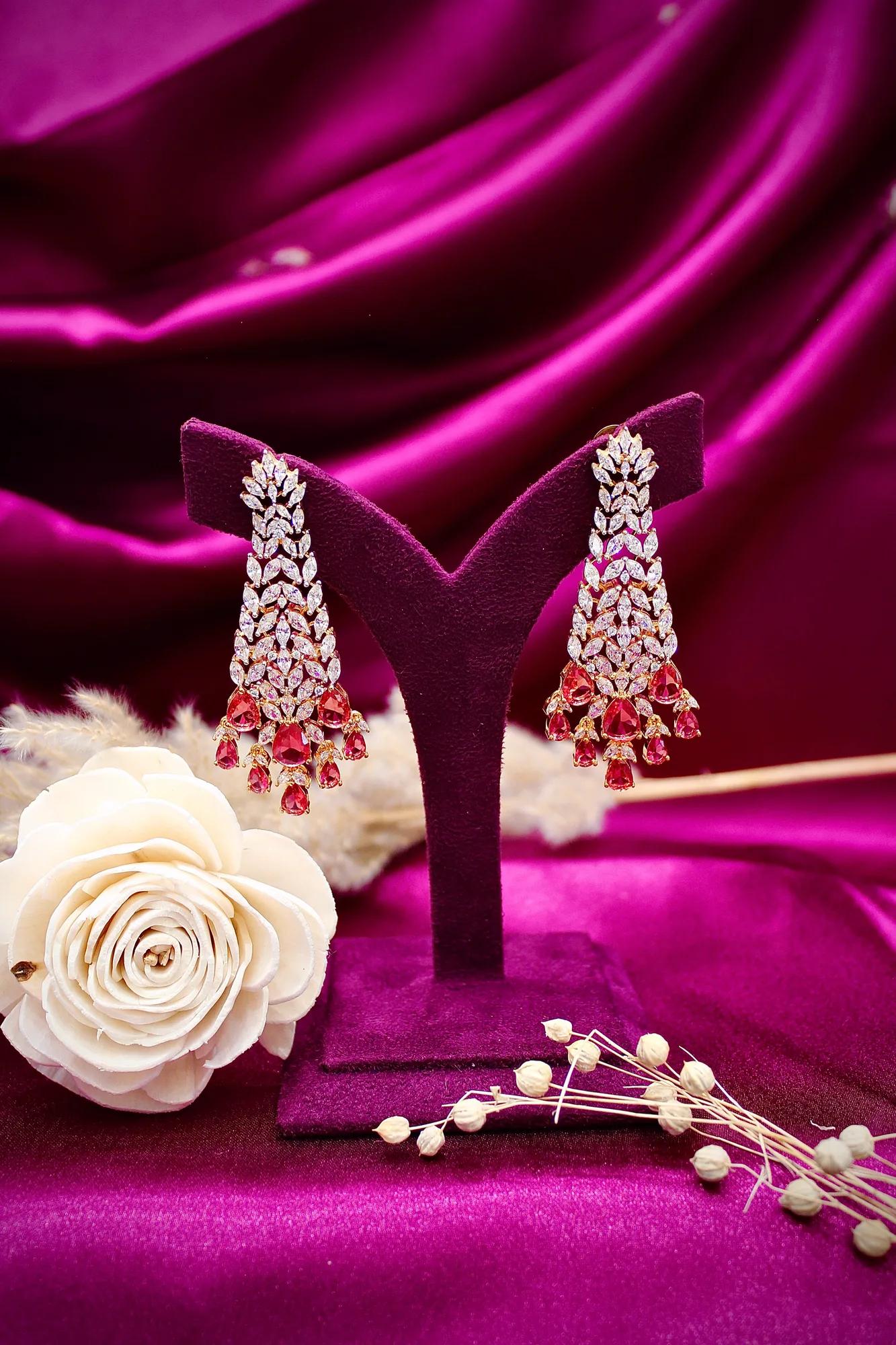Ruby Drop Layered American Diamond Bridal Necklace Set