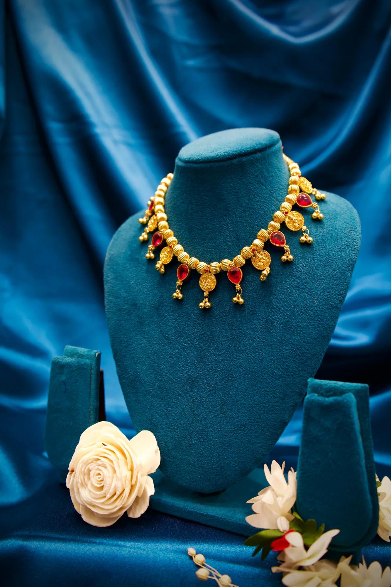 Traditional Coin & Ruby Charm Adjustable Choker Necklace