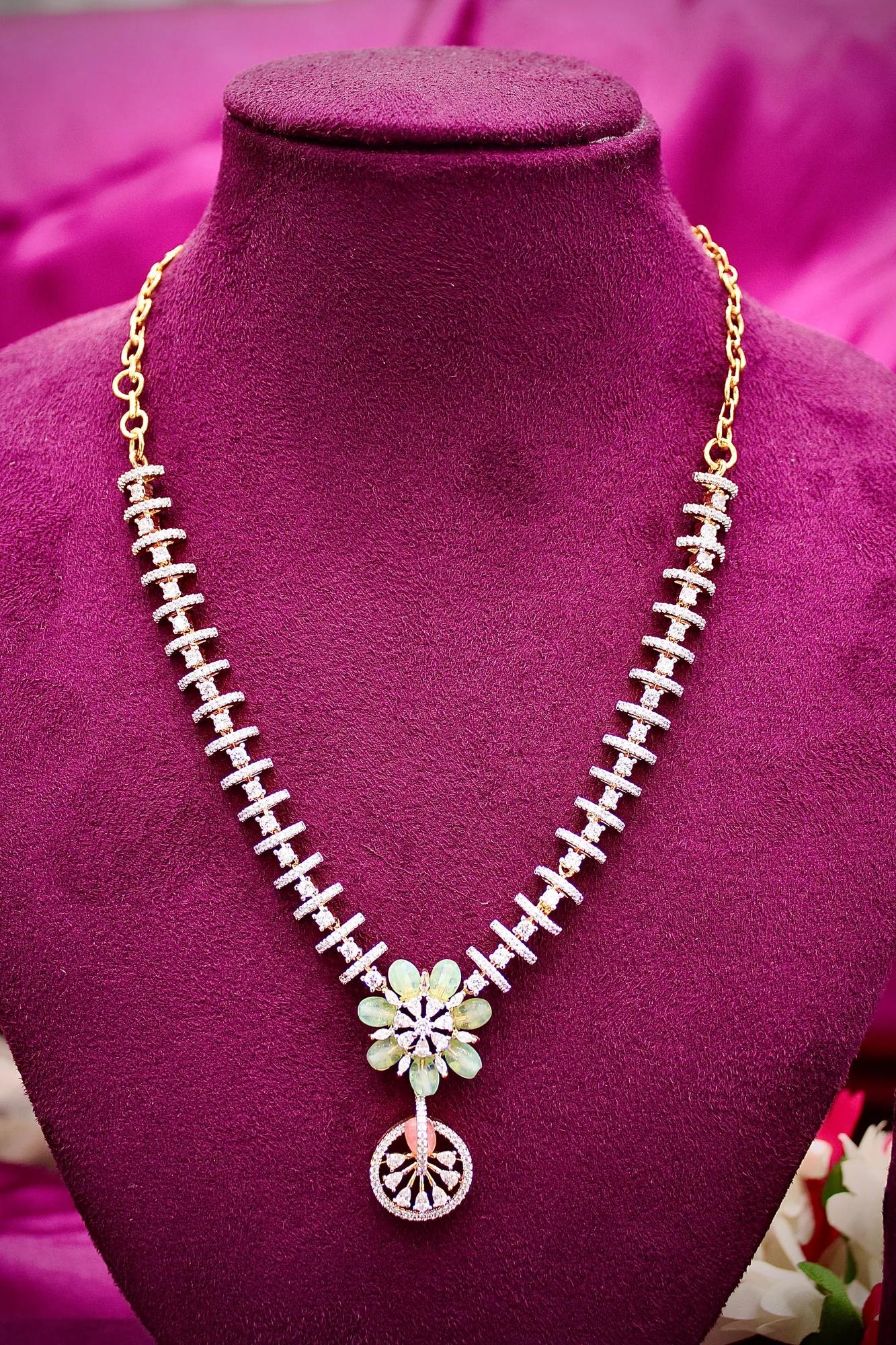 Floral Mint Stone Pendant Necklace Set with CZ Accents
