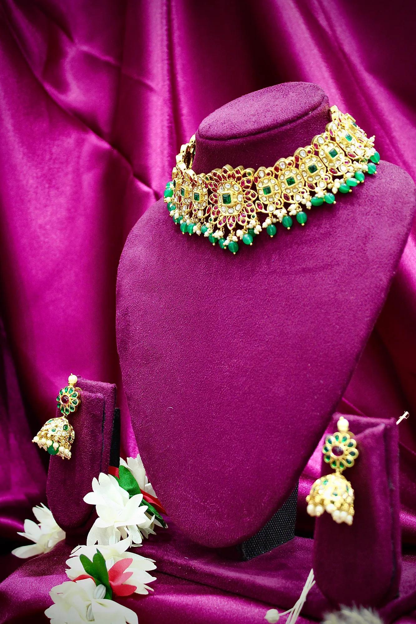 Royal Kundan Green Beaded Choker Necklace Set with Jhumka Earrings
