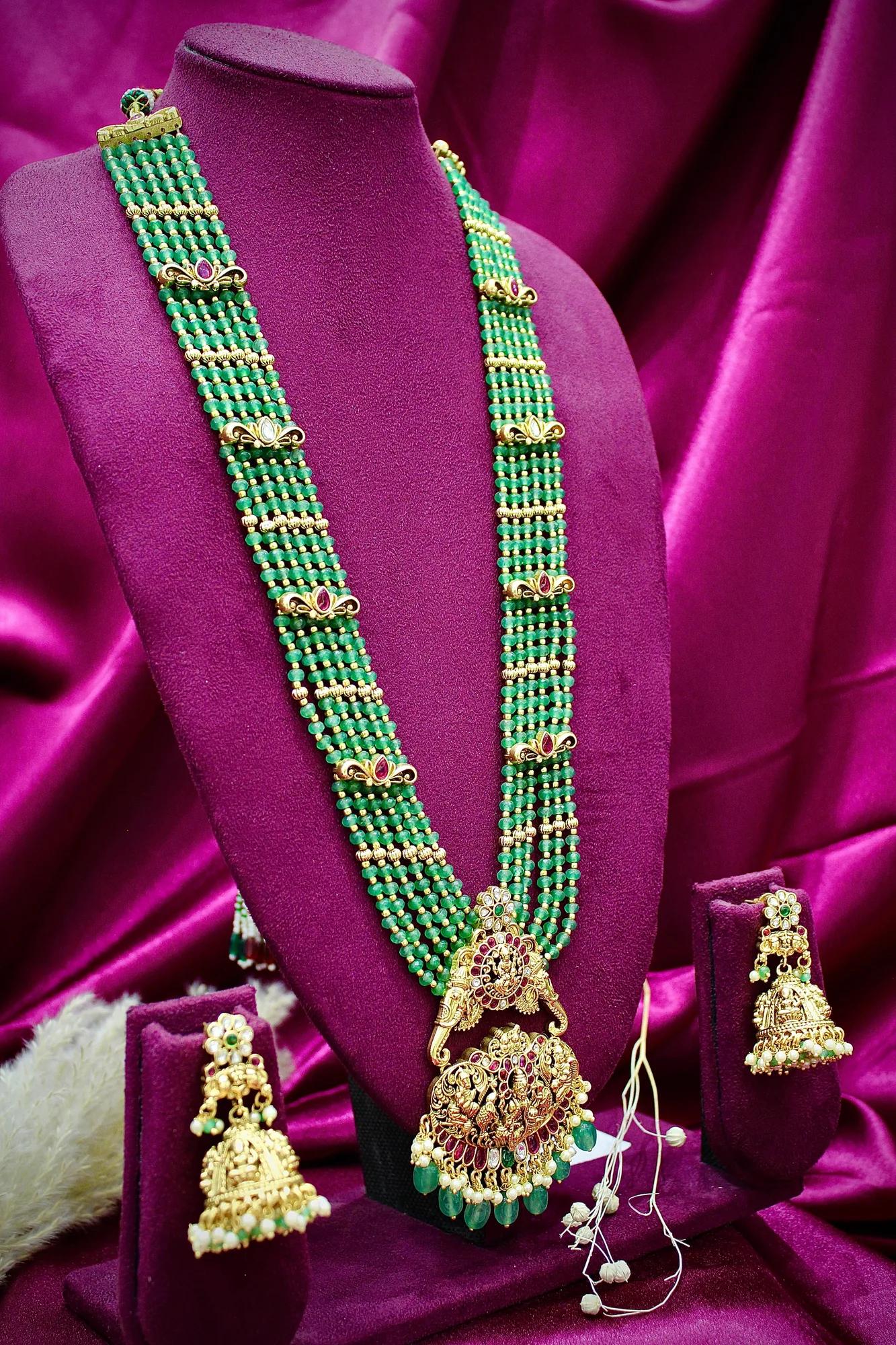 Royal Temple Green Beaded Long Haram Necklace Set with Jhumka Earrings