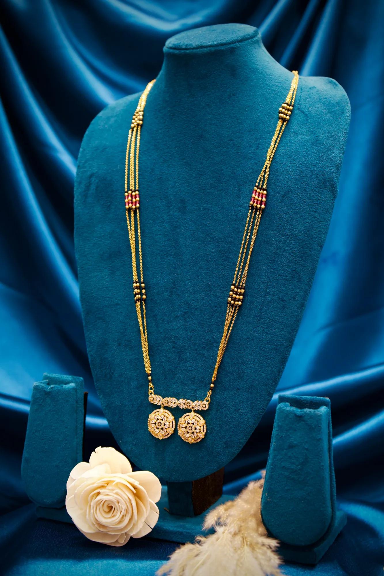 Designer Black Bead Mangalsutra with Dual Floral Medallion Charms