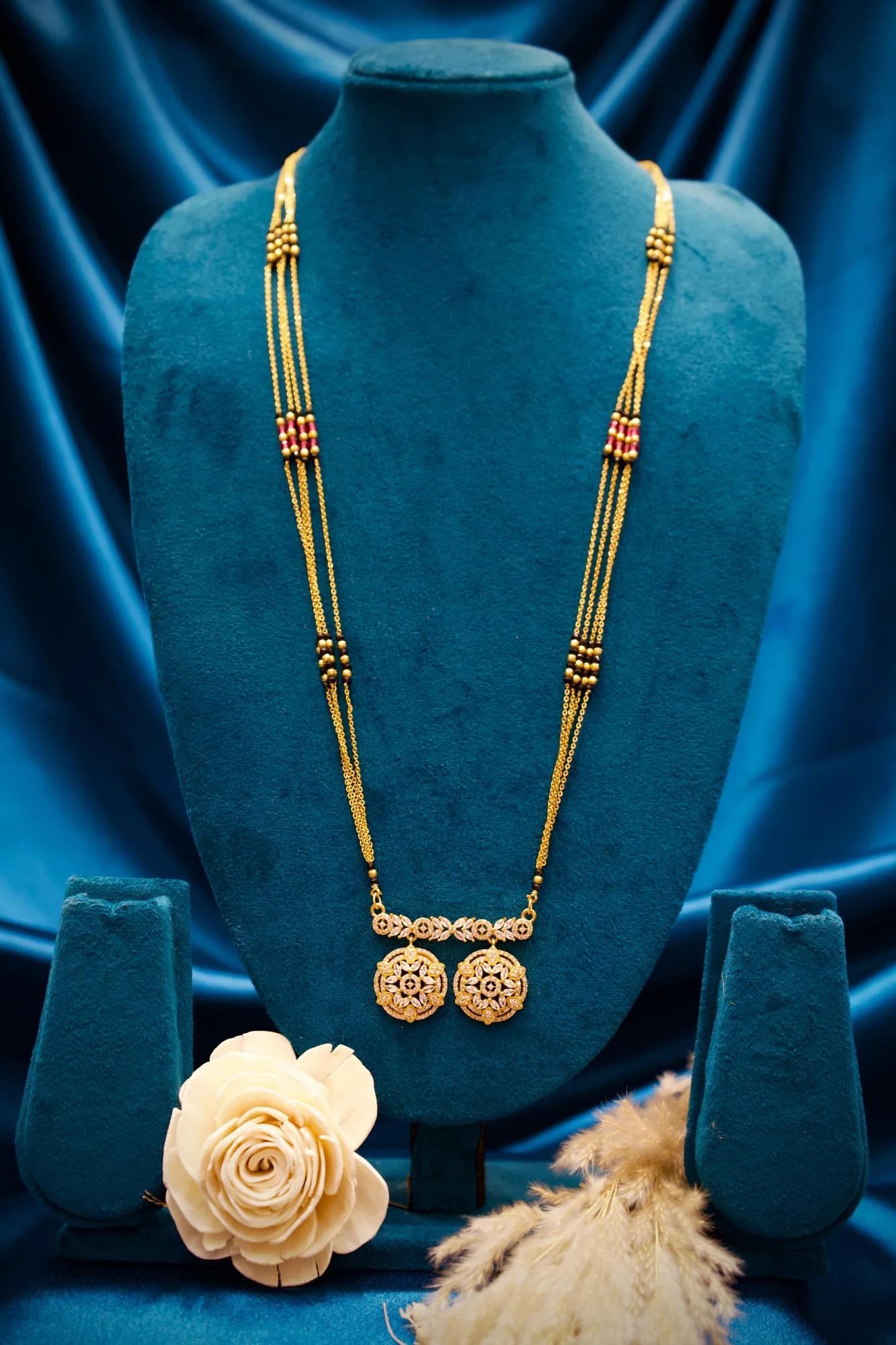 Designer Black Bead Mangalsutra with Dual Floral Medallion Charms