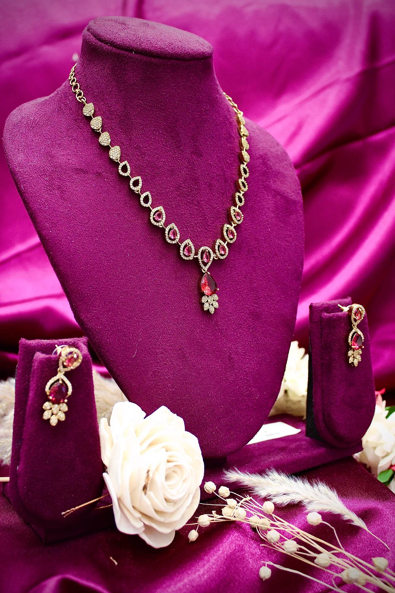 Ruby Teardrop Designer Necklace Set with CZ Stones
