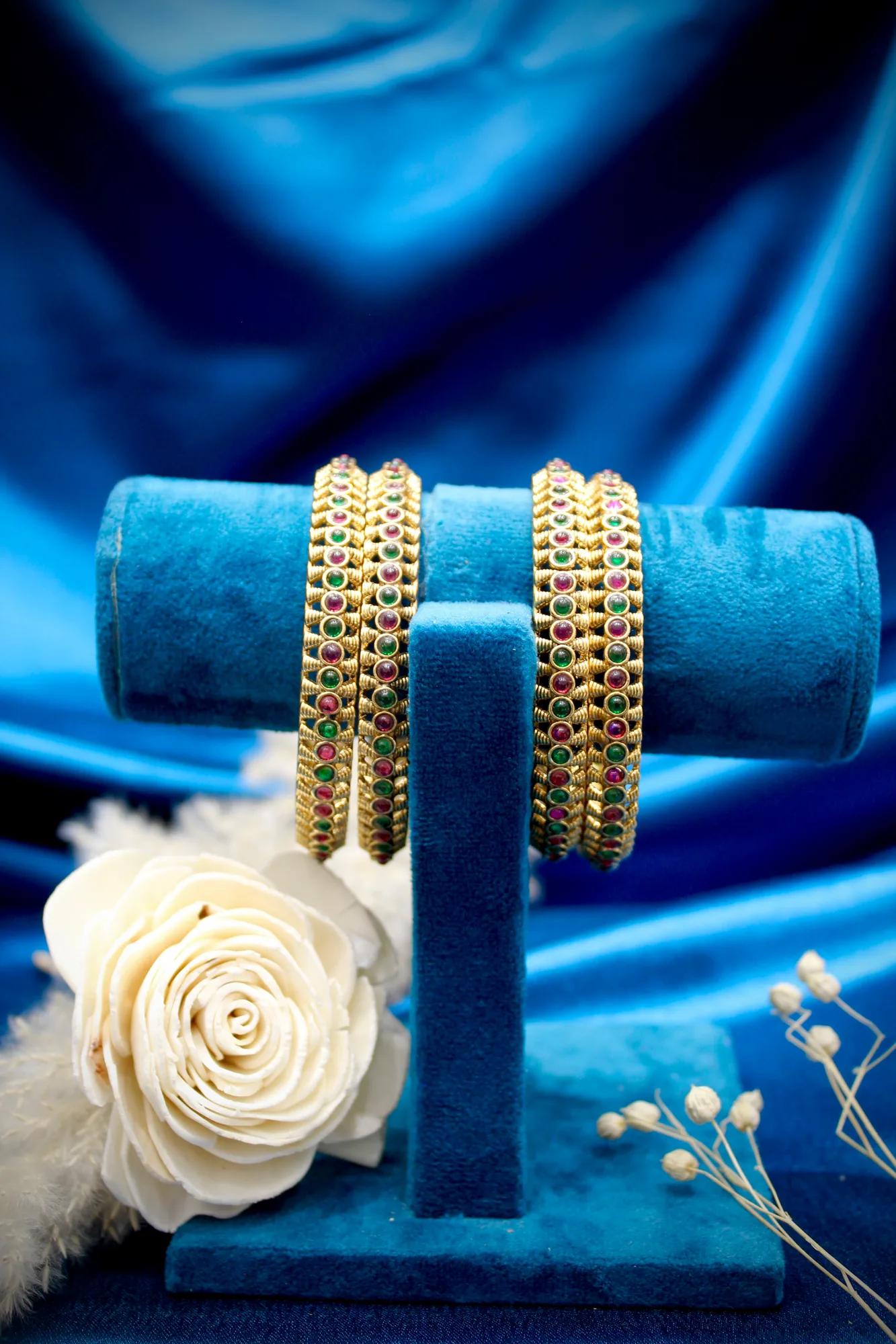 Traditional Ruby Emerald Stone Studded Bangle Set