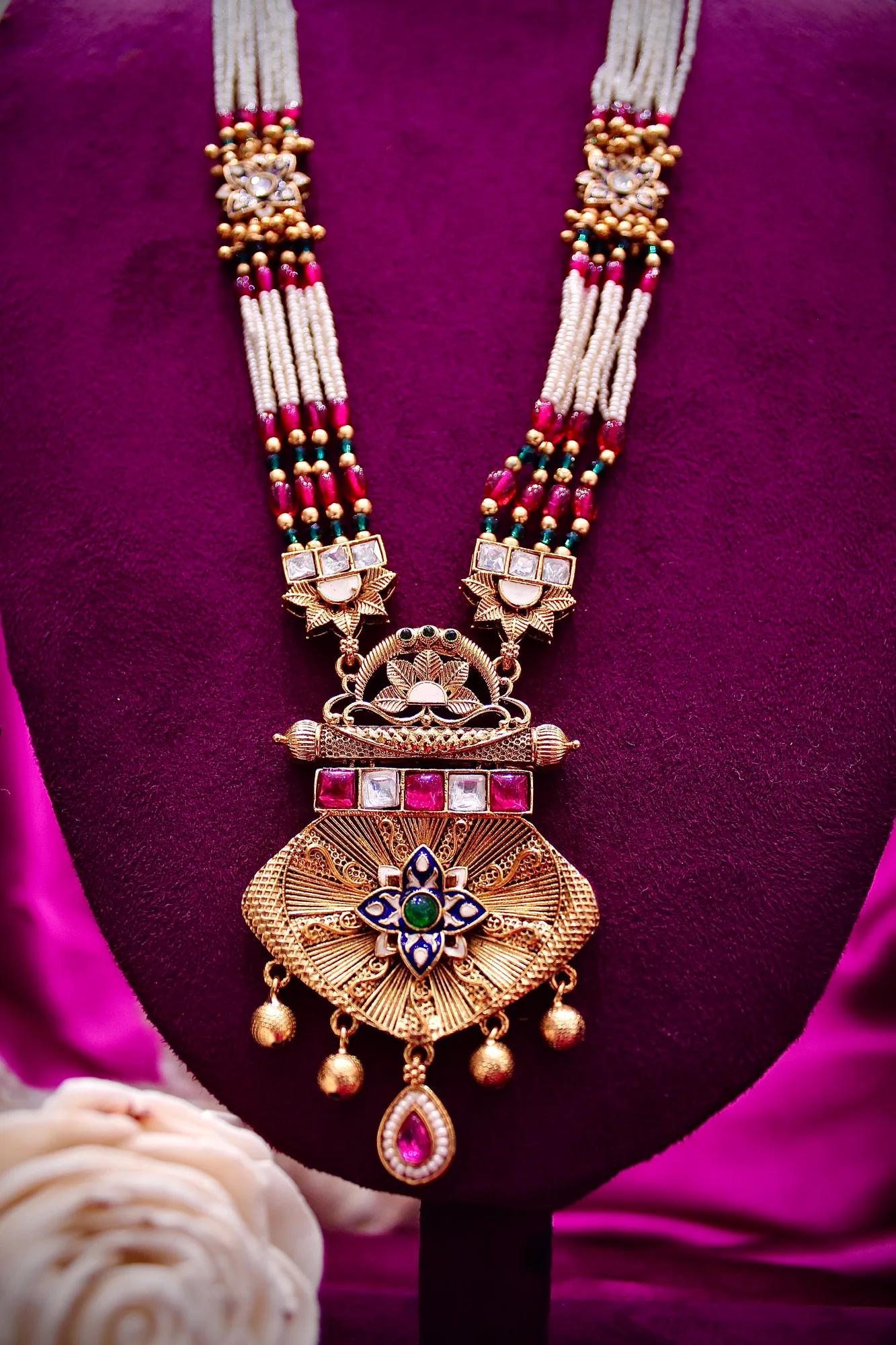 Traditional Pearl Mala Pendant Necklace Set with Ruby Accents — Image 4