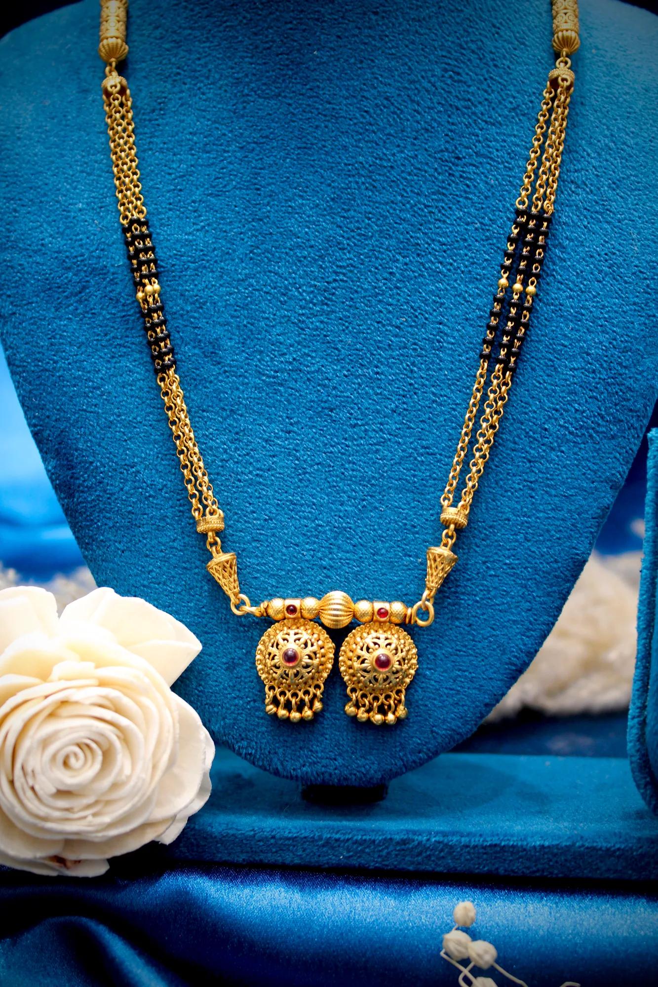 Elegant Antique Gold Dual Pendant Black Bead Mangalsutra