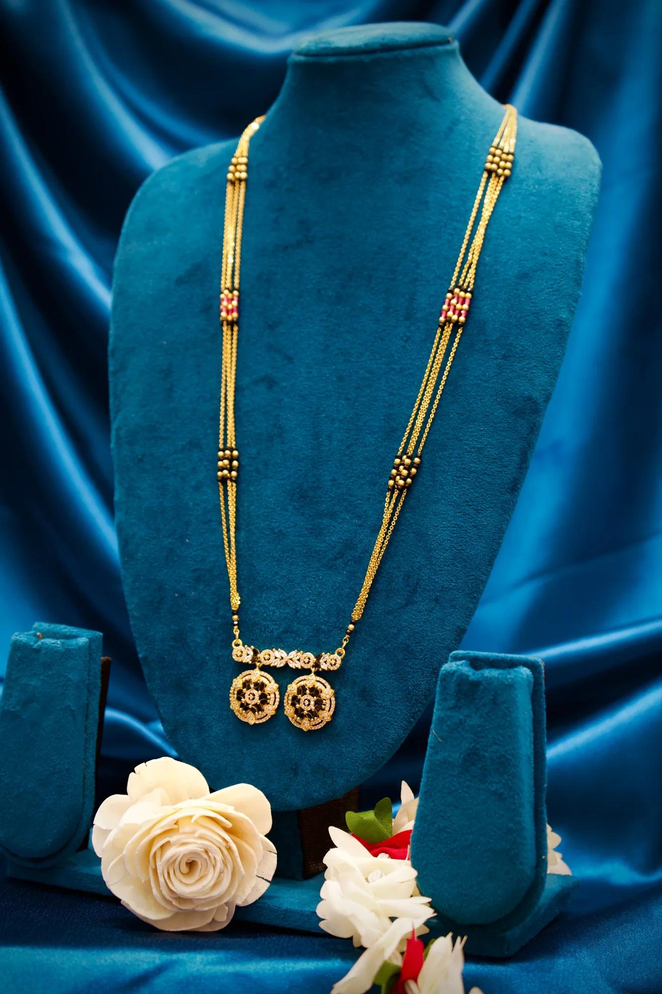 Designer Black Bead Mangalsutra with Dual Floral Charm Pendant