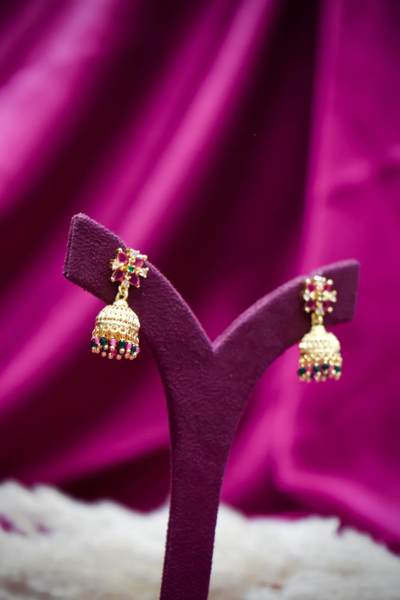 Ruby Floral Jhumka Earrings with Multicolor Bead Drops — Image 2