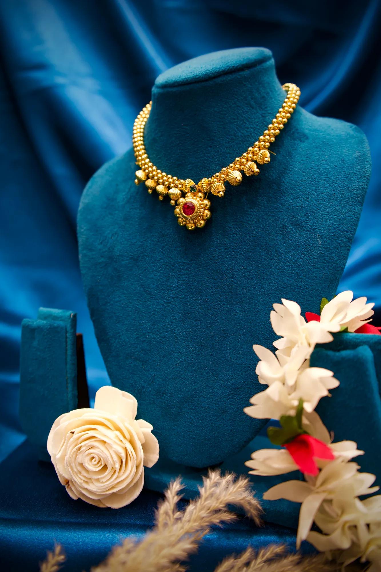 Traditional Floral Gold Choker Necklace with Ruby Stone Pendant