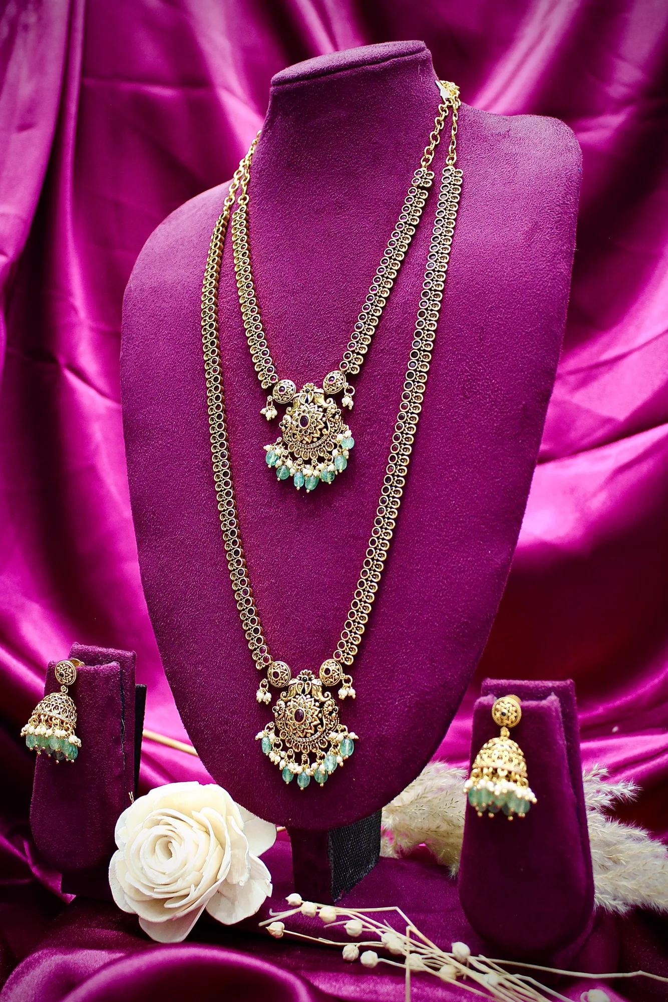 Dual Layer Antique Emerald Pendant Haram Set — Image 2
