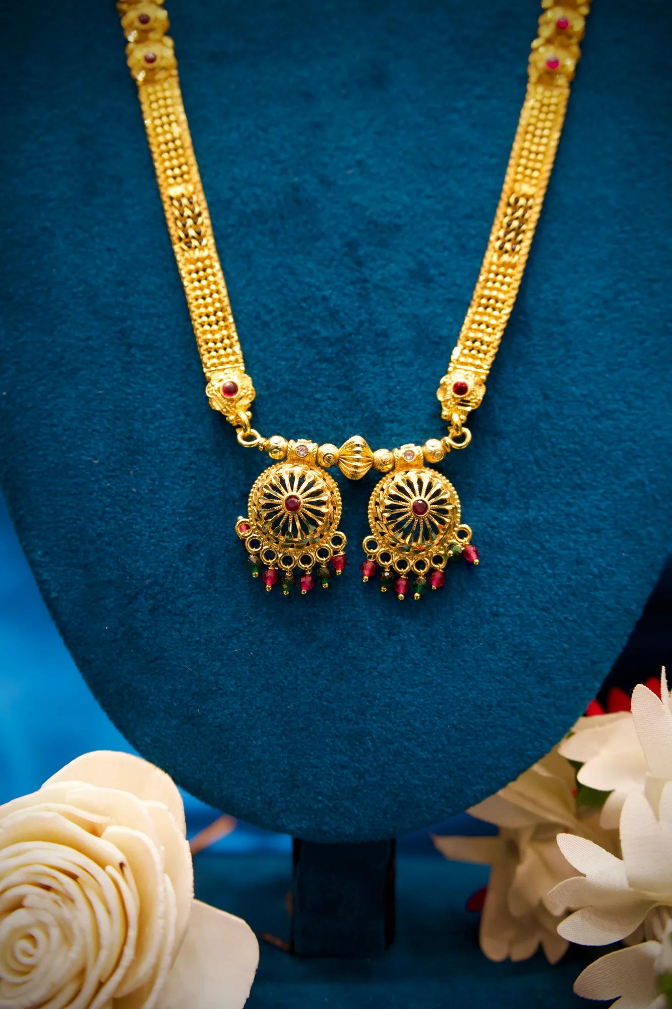 Antique Gold Tone Long Haram Mangalsutra with Dual Floral Disc Pendants