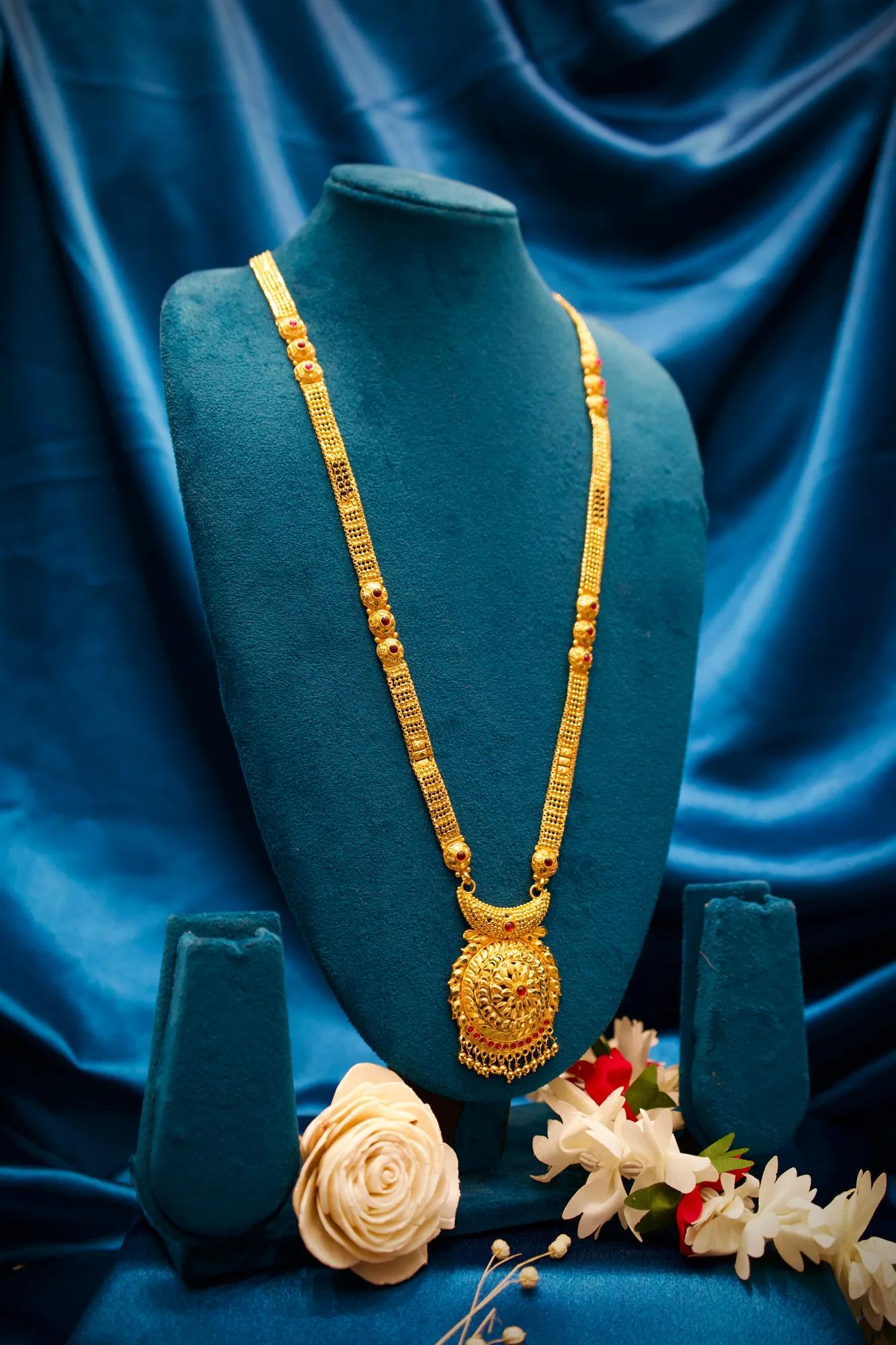 Antique Gold Finish Long Haram Mangalsutra with Floral Temple Pendant