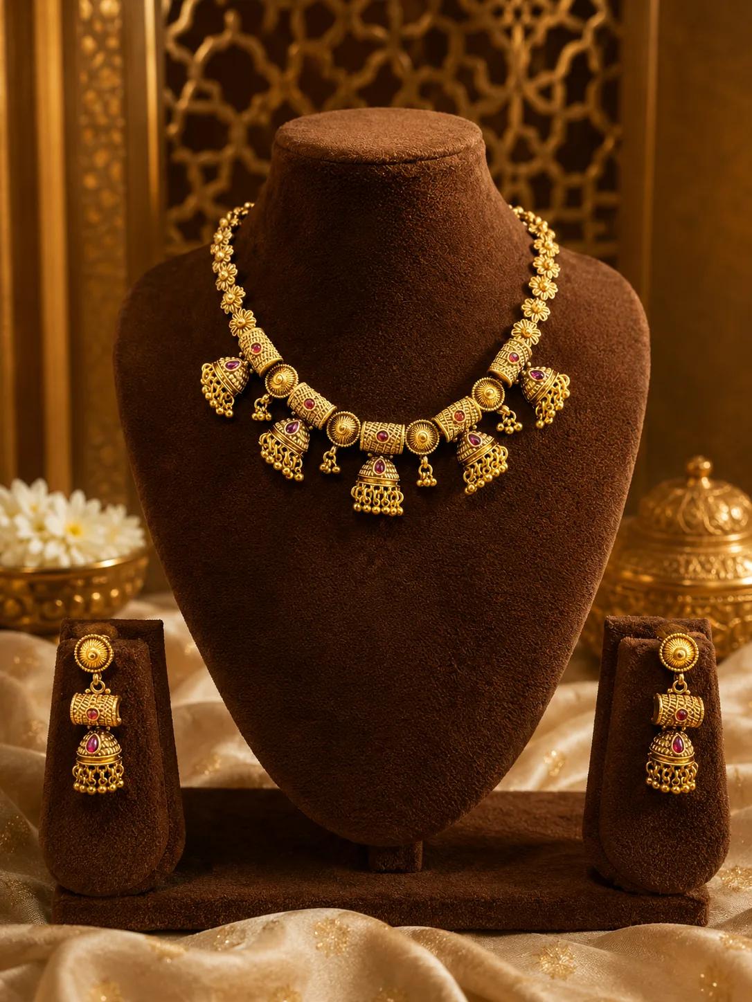 Temple Jhumka Charm Gold Necklace Set