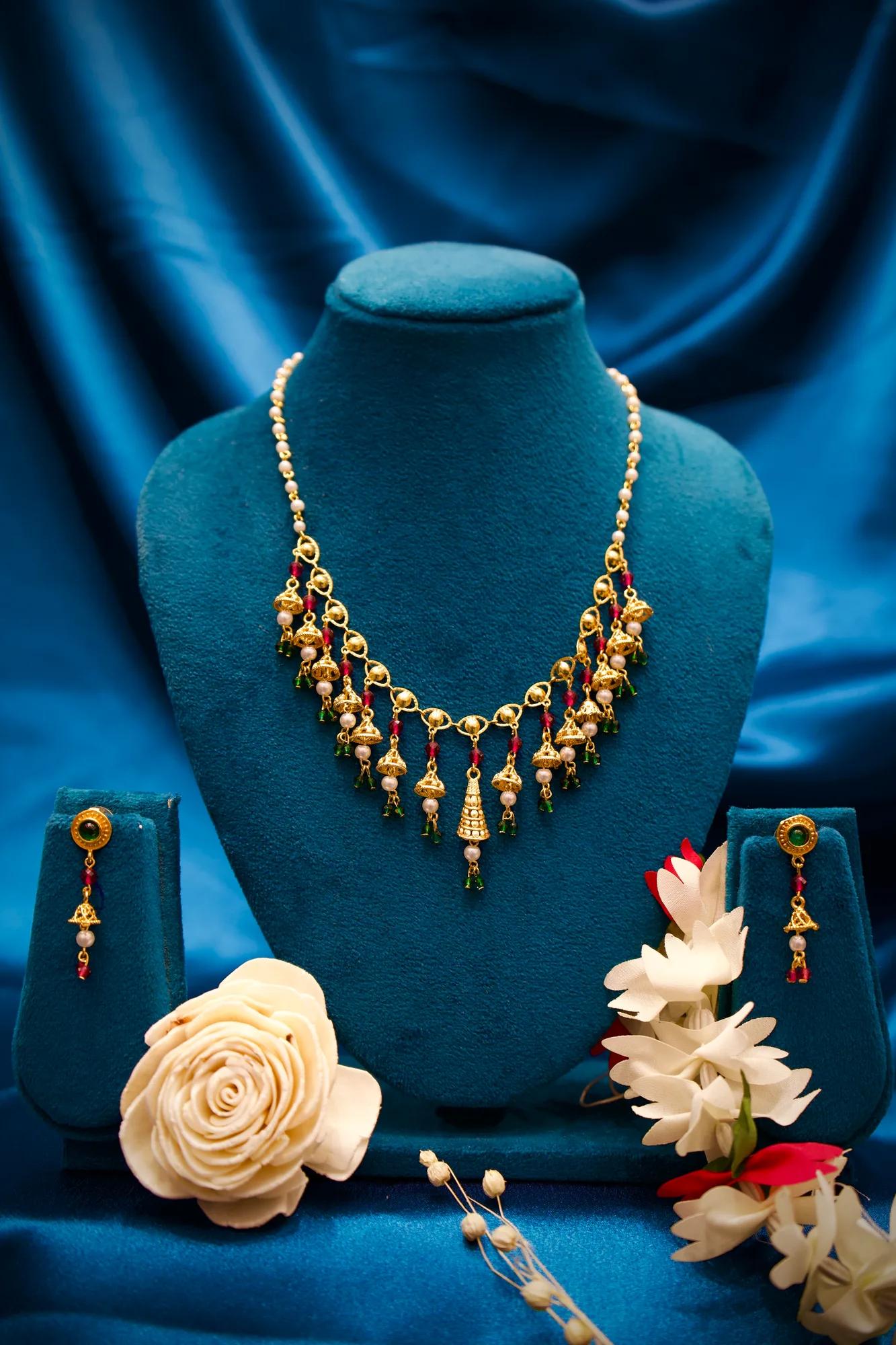 Traditional Jhumka Charm Necklace Set with Pearl & Multicolor Beads