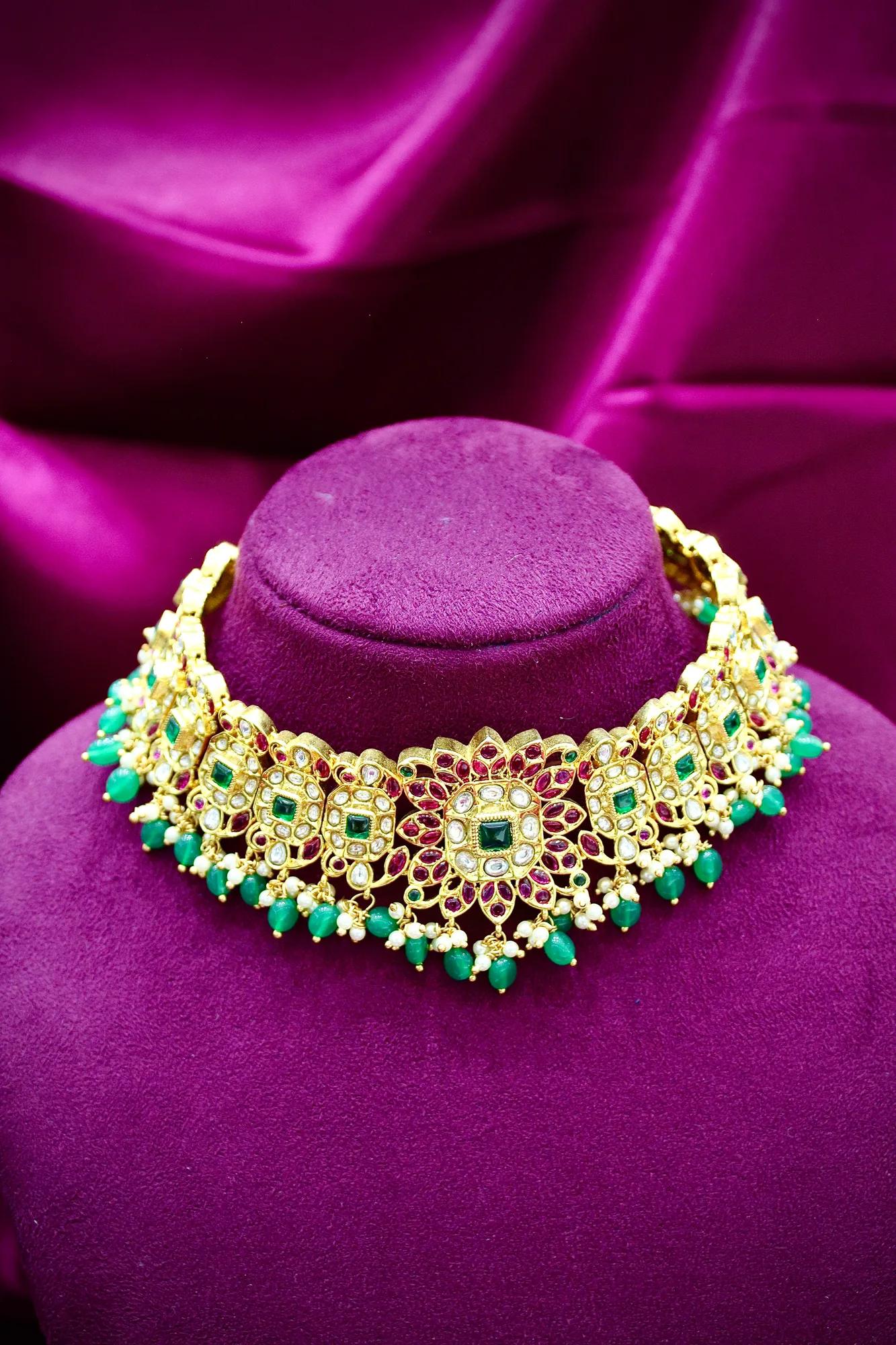 Royal Kundan Green Beaded Choker Necklace Set with Jhumka Earrings