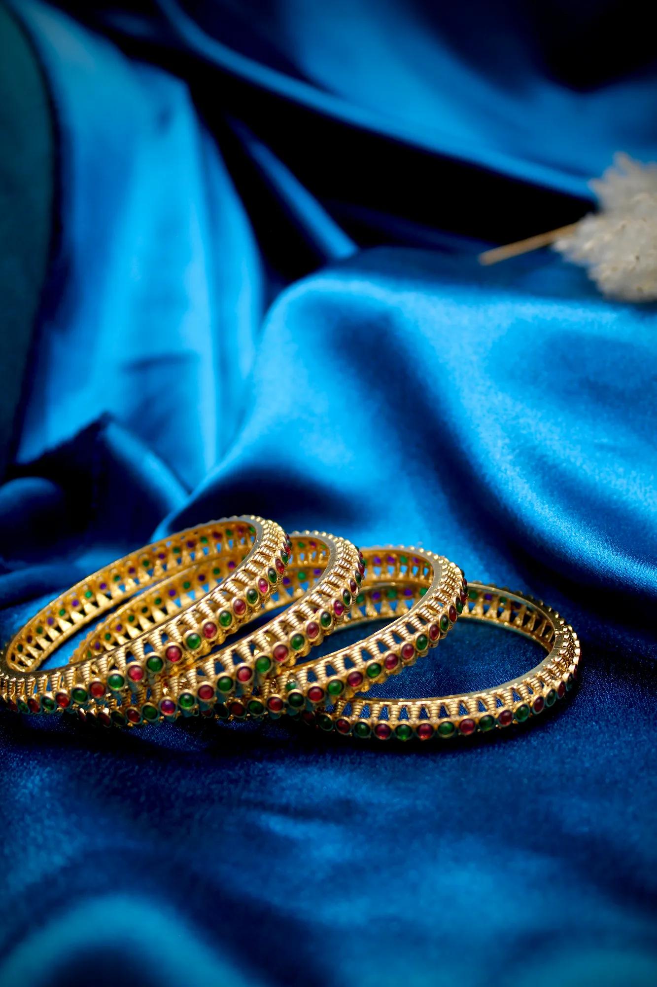Traditional Ruby Emerald Stone Studded Bangle Set — Image 3
