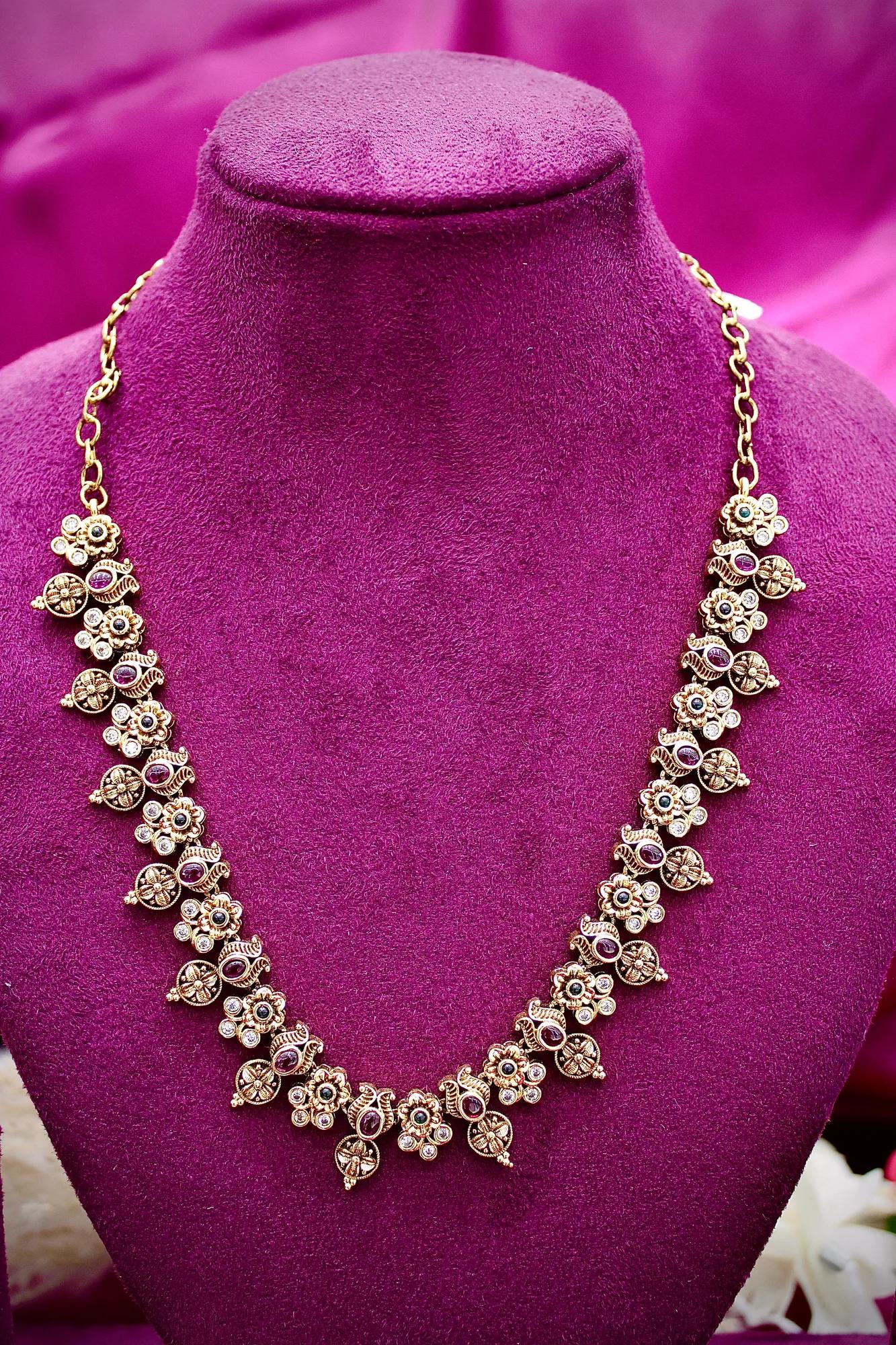 Antique Temple Floral Necklace Set with Multicolor Stone Accents