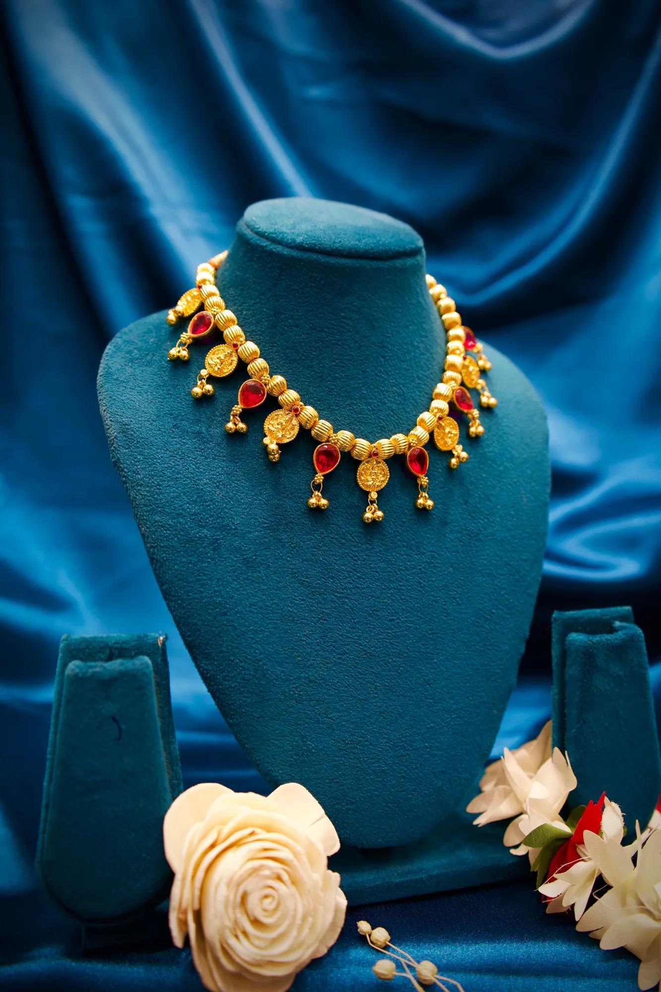 Traditional Coin & Ruby Charm Adjustable Choker Necklace