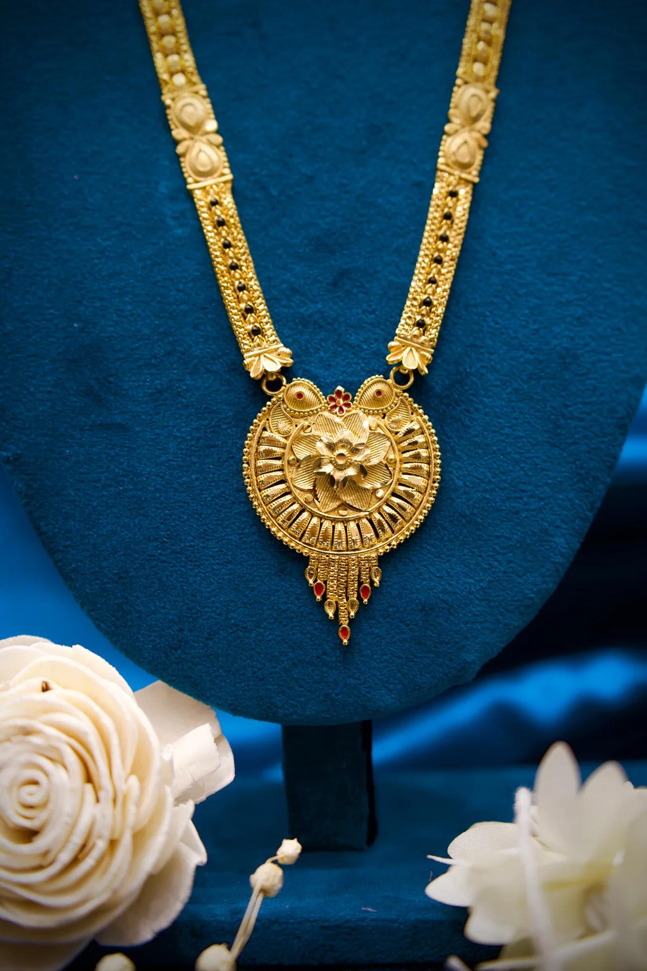 Traditional Antique Gold Long Haram Mangalsutra with Floral Medallion Pendant