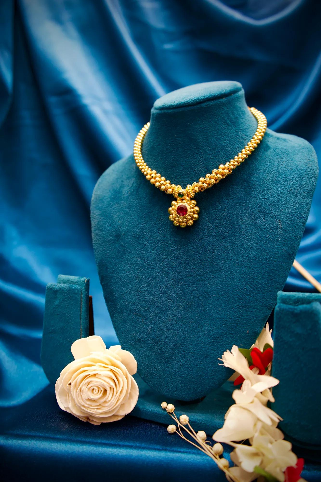 Traditional Floral Gold Bead Choker Necklace with Ruby Stone Pendant