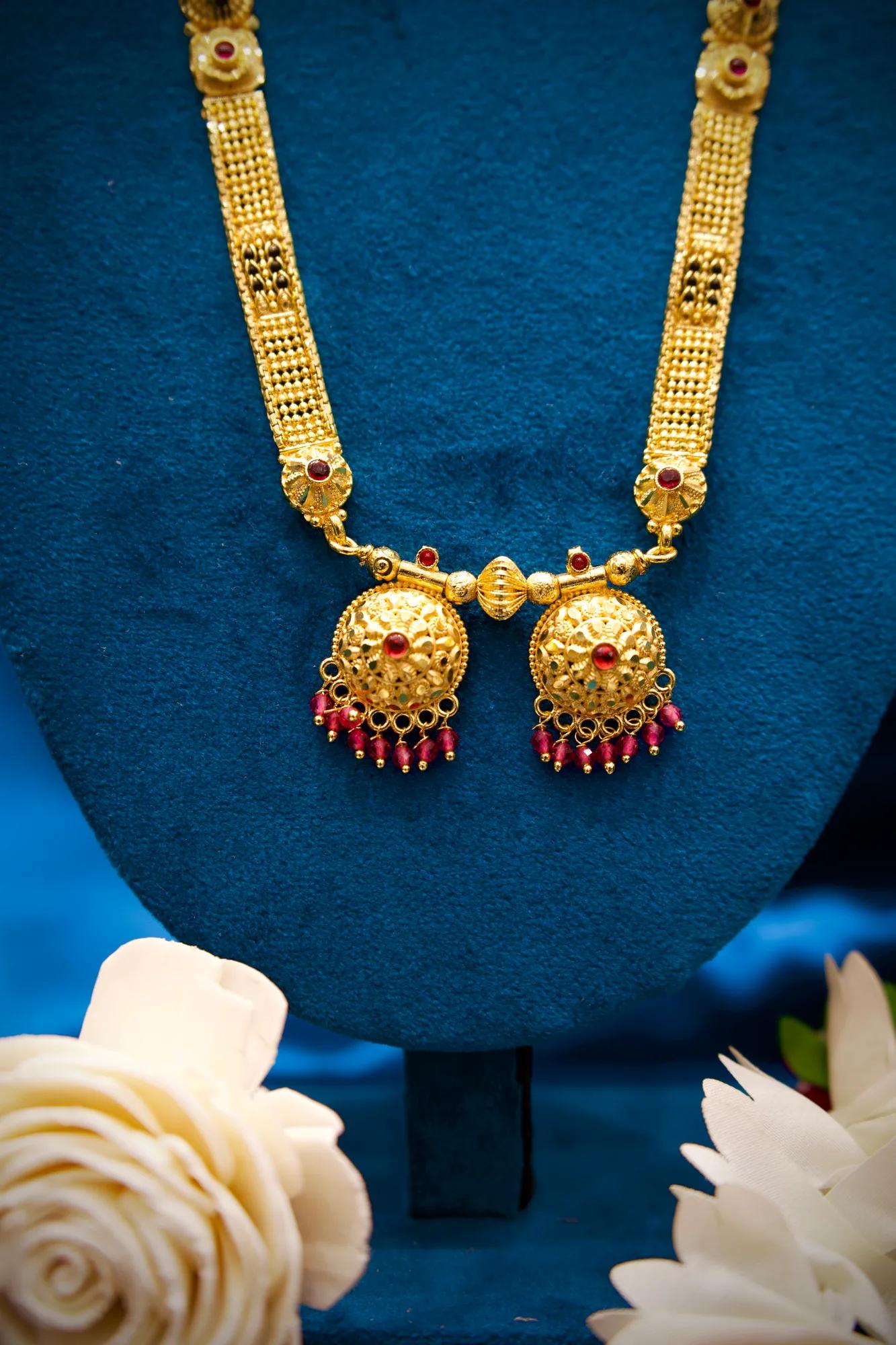 Antique Gold Finish Long Mangalsutra with Twin Jhumka Pendant Design