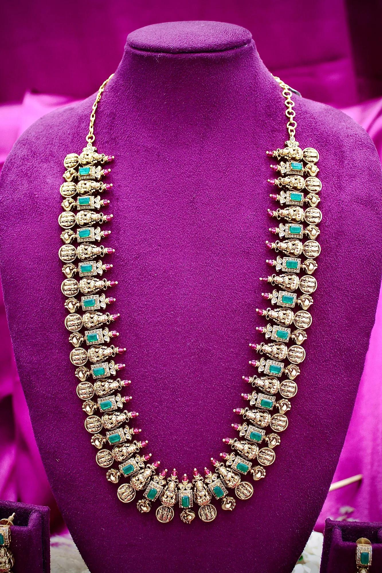 Temple Coin & Emerald Stone Long Necklace Set