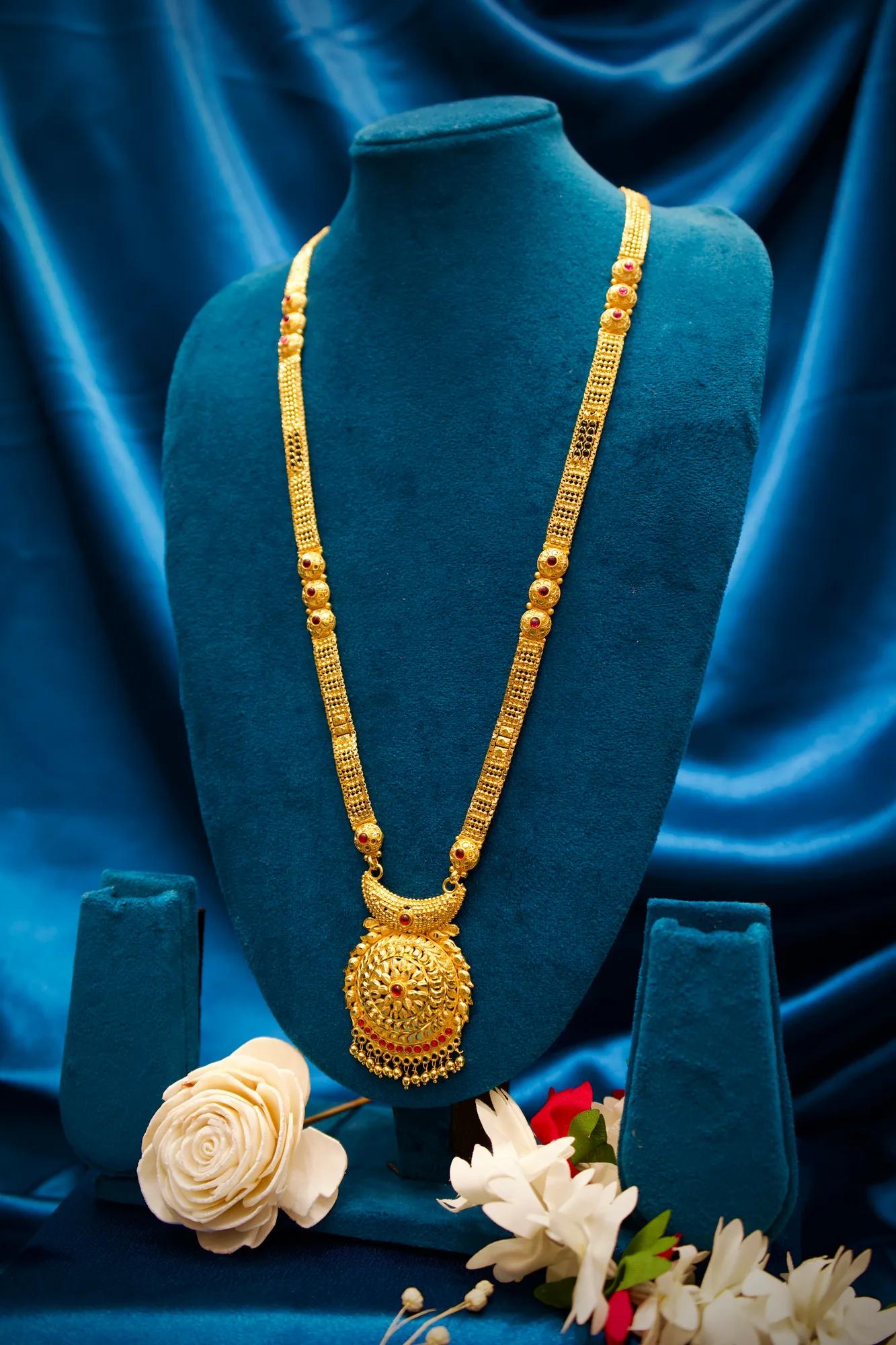 Antique Gold Finish Long Haram Mangalsutra with Floral Temple Pendant