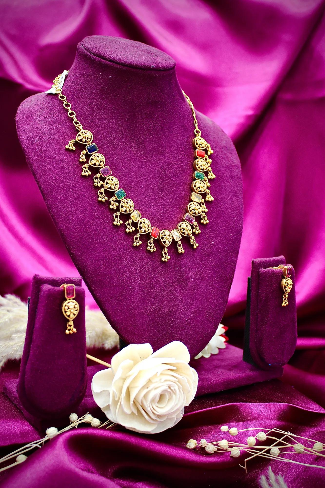 Traditional Navratna Antique Necklace Set with Filigree Charms