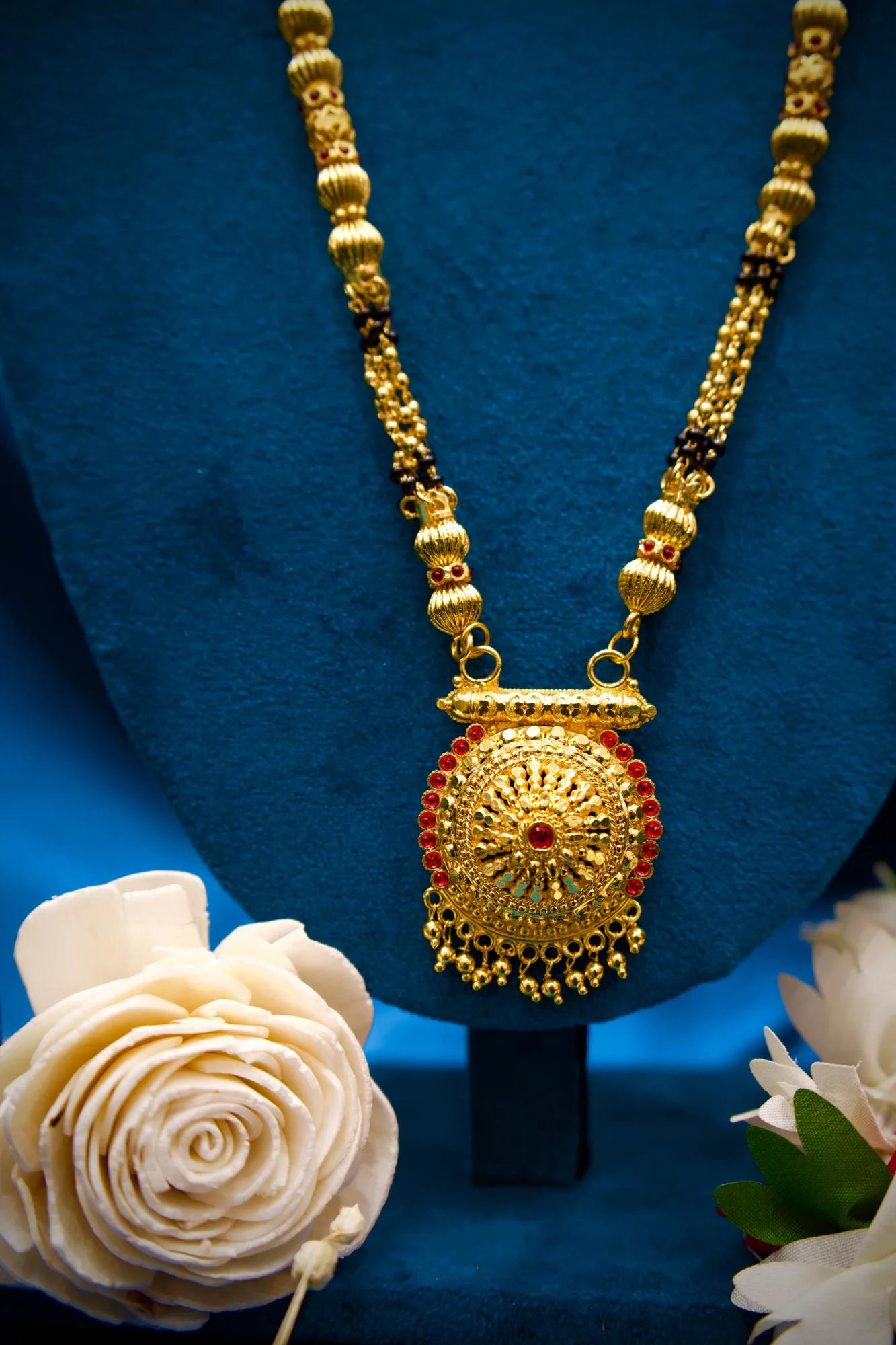 Traditional Black Bead Mangalsutra with Circular Temple Pendant